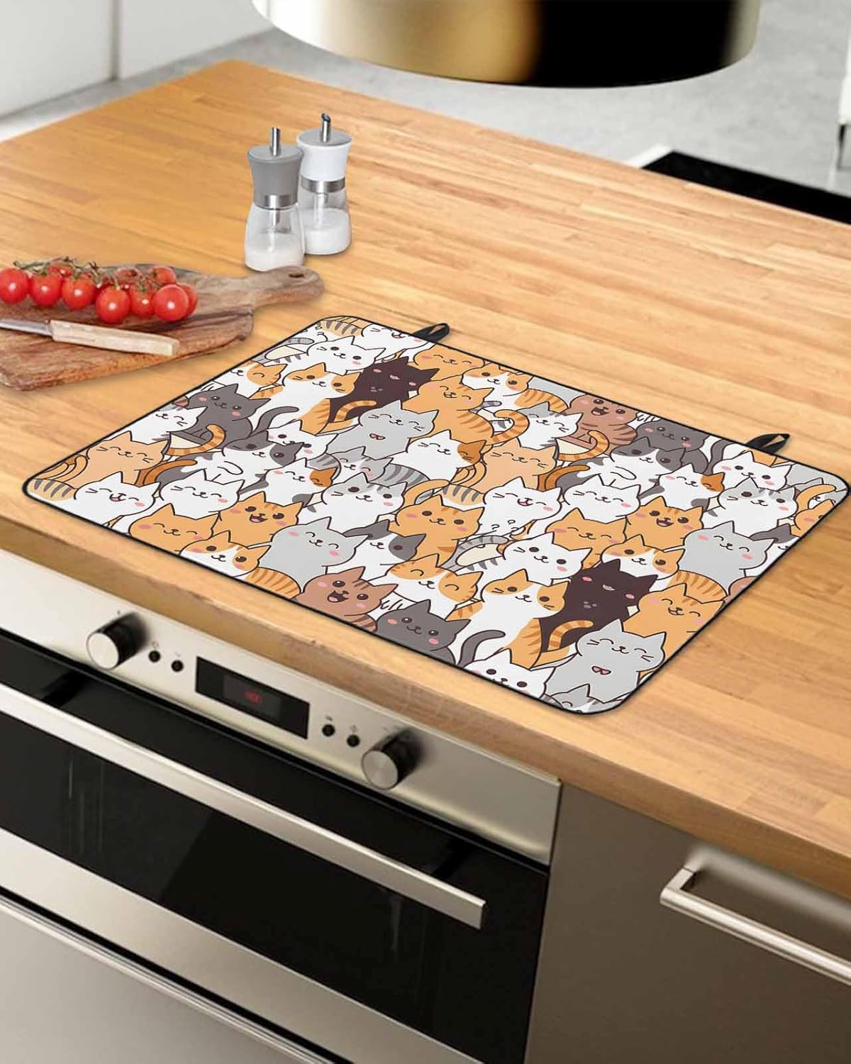 Cartoon Cat Stove Top Cover for Electric Stove, Modern Funny Cute Orange Gray Animals Heat-proof & Non Slip Glass Top Stove Cover Protector, Kitchen Flat Cooktop Rubber Mat 36x21 Inches
