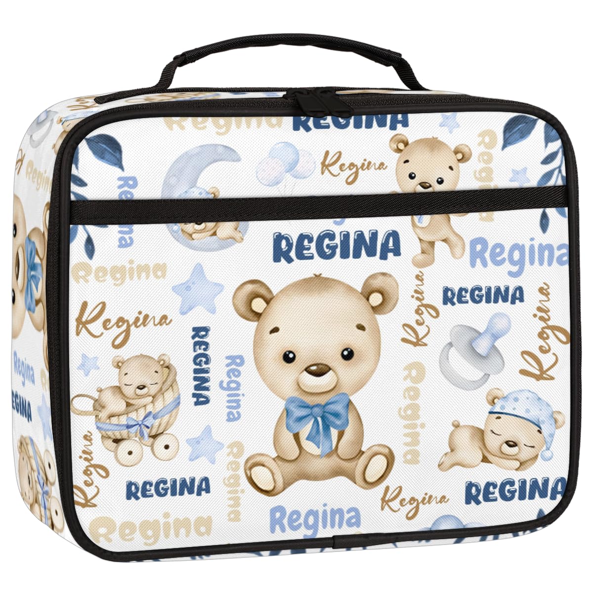 RIRIXING Personalised Lunch Box for Kids - Insulated School Lunch Bag with Name Customisation, Kids Snack Boxes with Handles, Cute Bear Clouds Text Blue