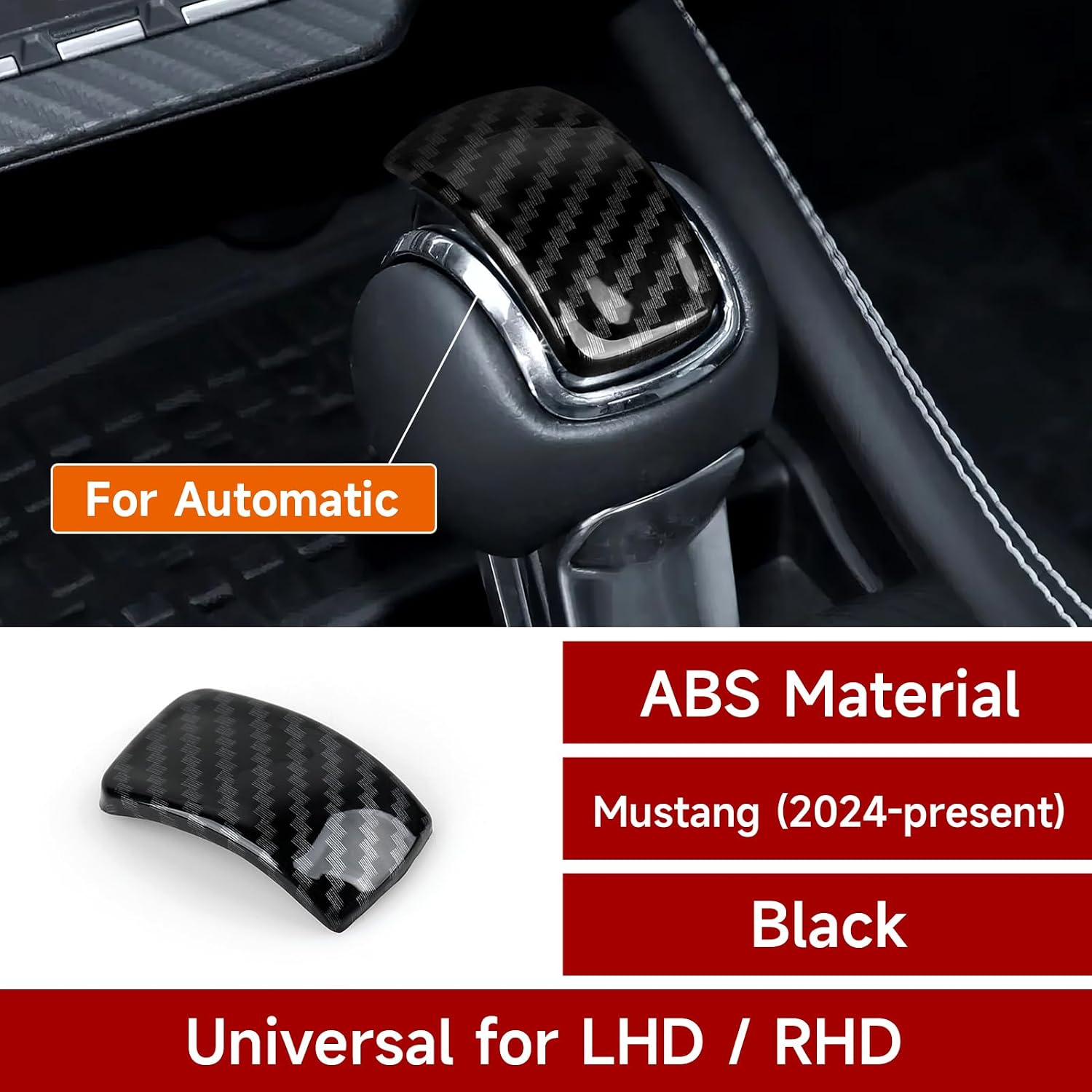 Car Gear Shift Knob Sticker ABS Carbon Fiber Decal Interior Trim Cover for 2024 2025 2026 Ford Mustang Accessories (Automatic Gear)