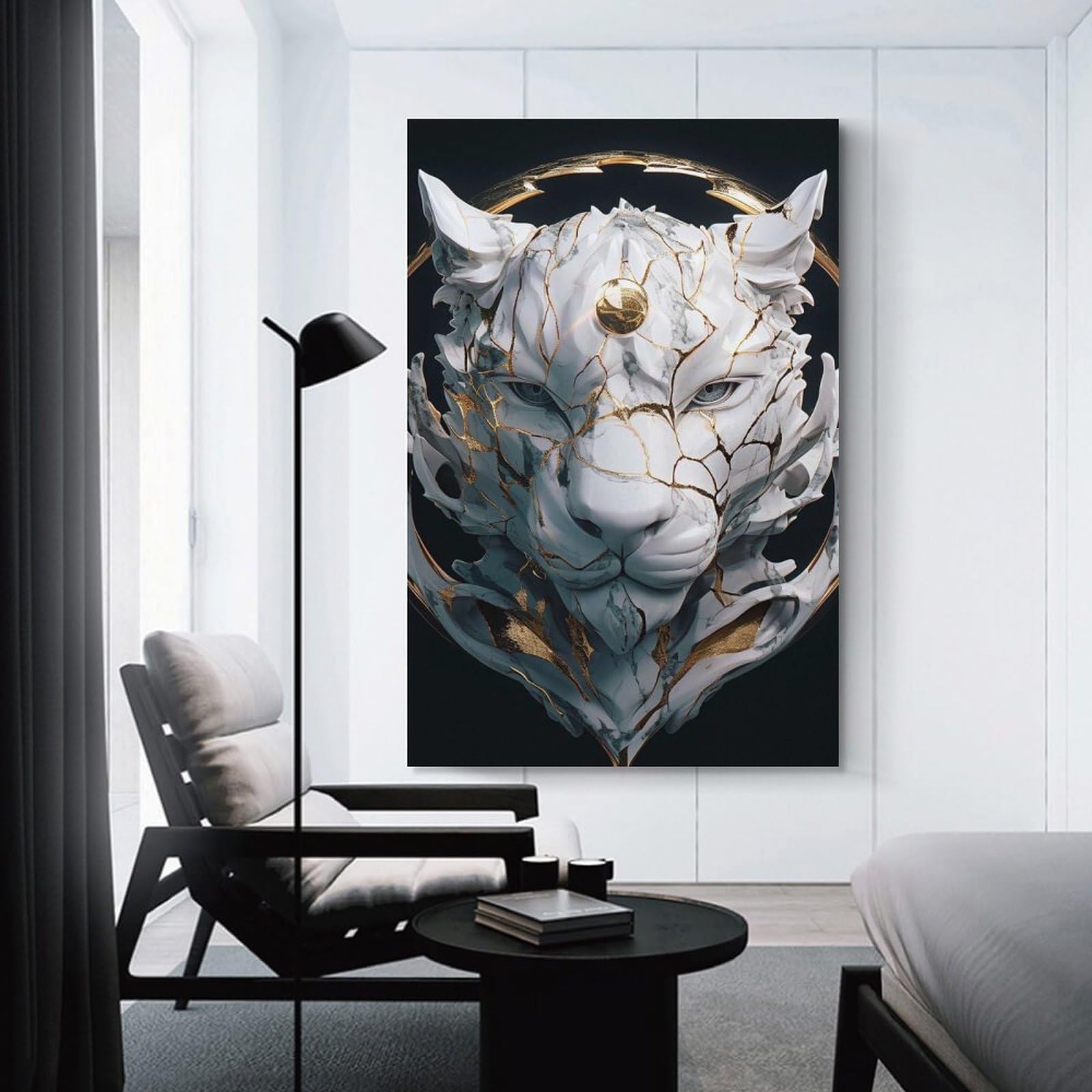 Junmoney Marble Lion Head with Gold Accents Wall Picture Print, 24x36inch(60x90cm), for Flats, Guest Rooms Or Compact Rooms, Decorative Canvas Decor for Home Updates