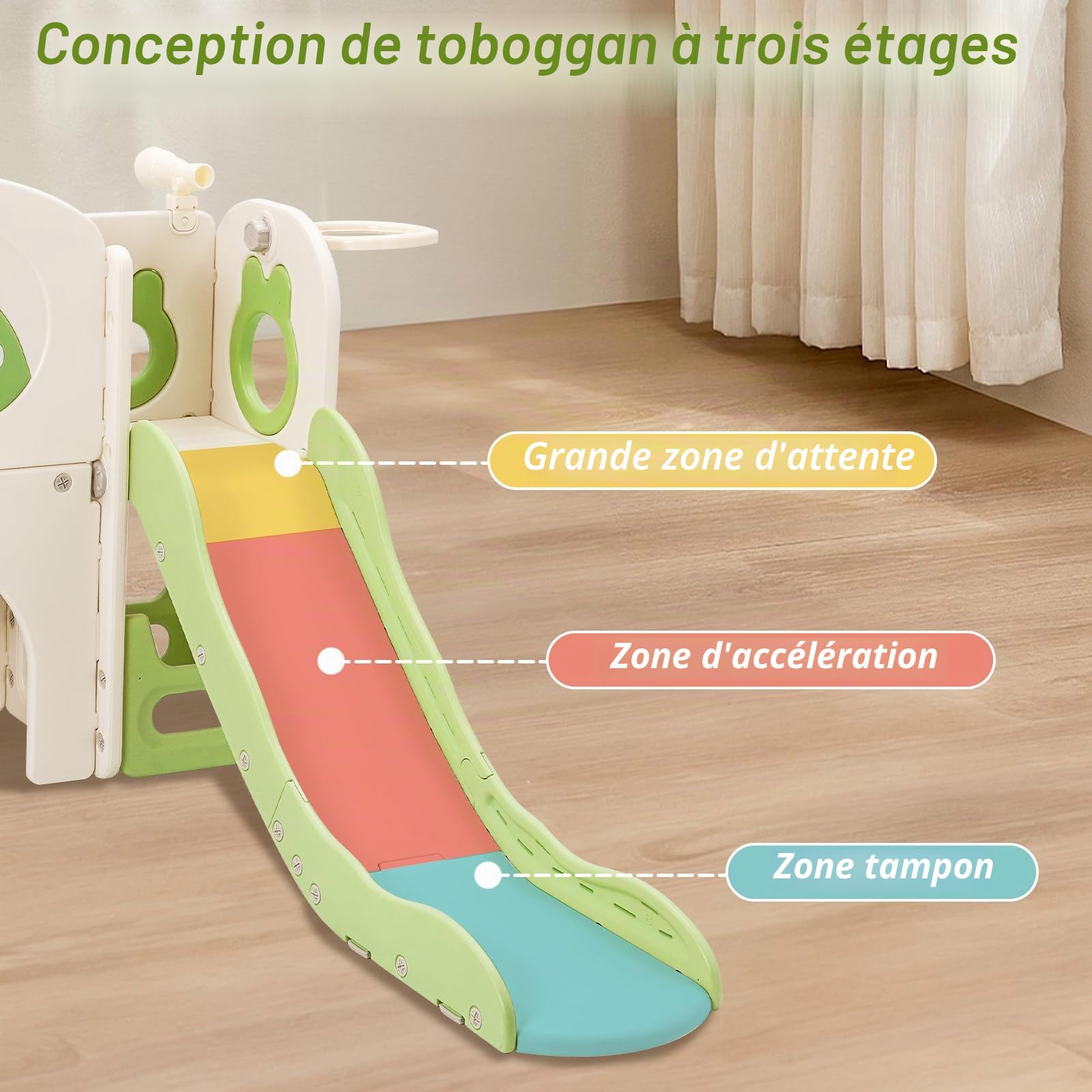 Toboggan pour enfants avec cadre d'escalade, toboggan pour enfants 6 en 1 avec télescope, panier de basket, plateforme de marche, aire de jeux pour enfants, longueur du toboggan 160 cm (vert)