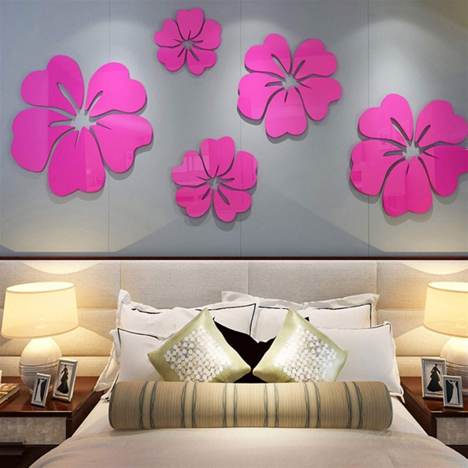 Five Hibiscus Flowers 3D Efecto Espejo Efecto Muro Vinilo Arte Etiqueta Etiqueta de Pared Acrílico Mural TV Sofá Fondo Wall Home Decor Etiqueta (Color : Rose Red, Size : Large 5 Flowers)