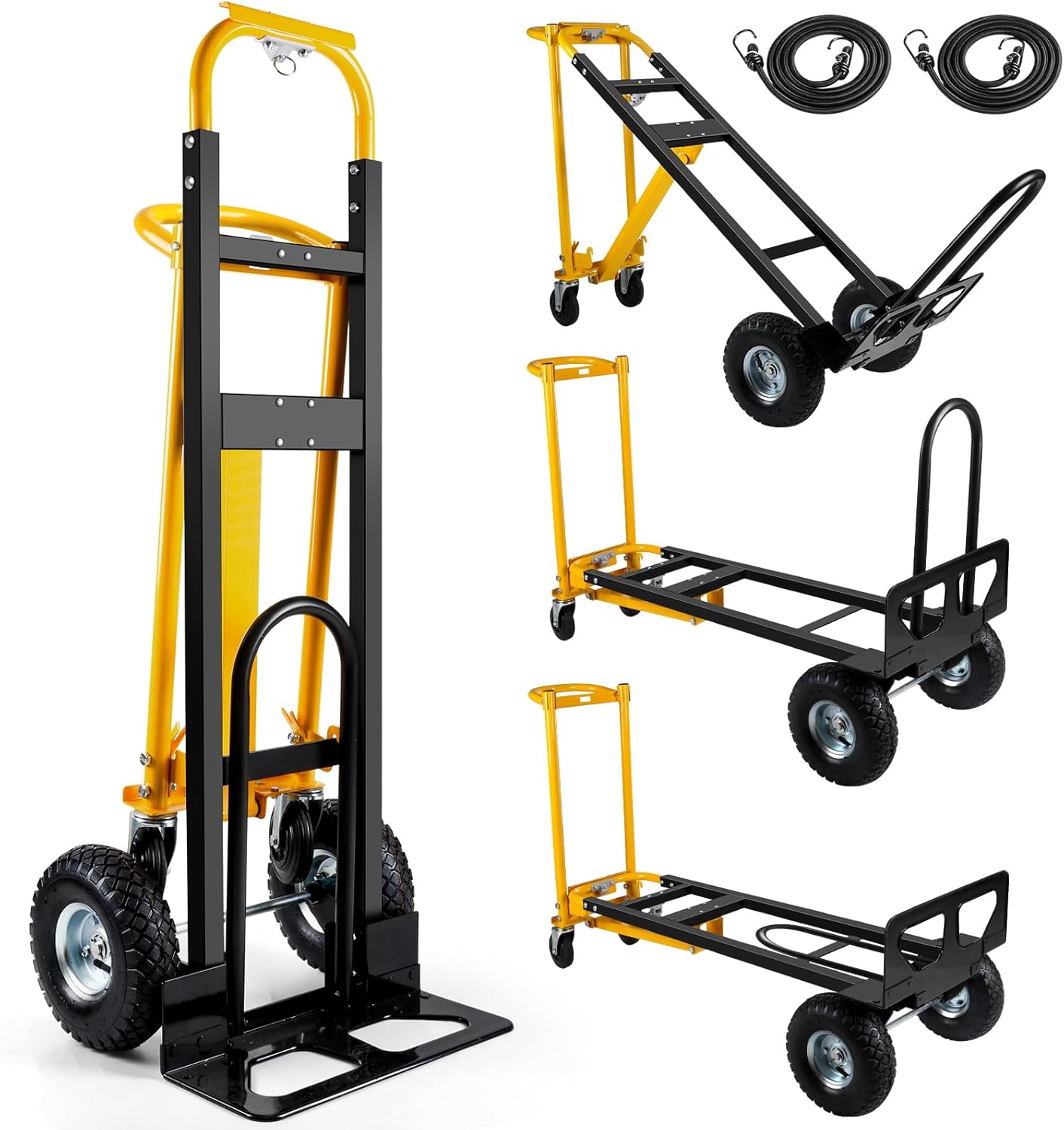 3 in 1 Convertible Hand Truck Dolly Cart with 10" Pneumatic Tire,1000LBS Capacity Hand Trucks Heavy Duty,Hand Cart with Bungee Cords for Logistics, Shopping, Home, Office Moving(Black Yellow)