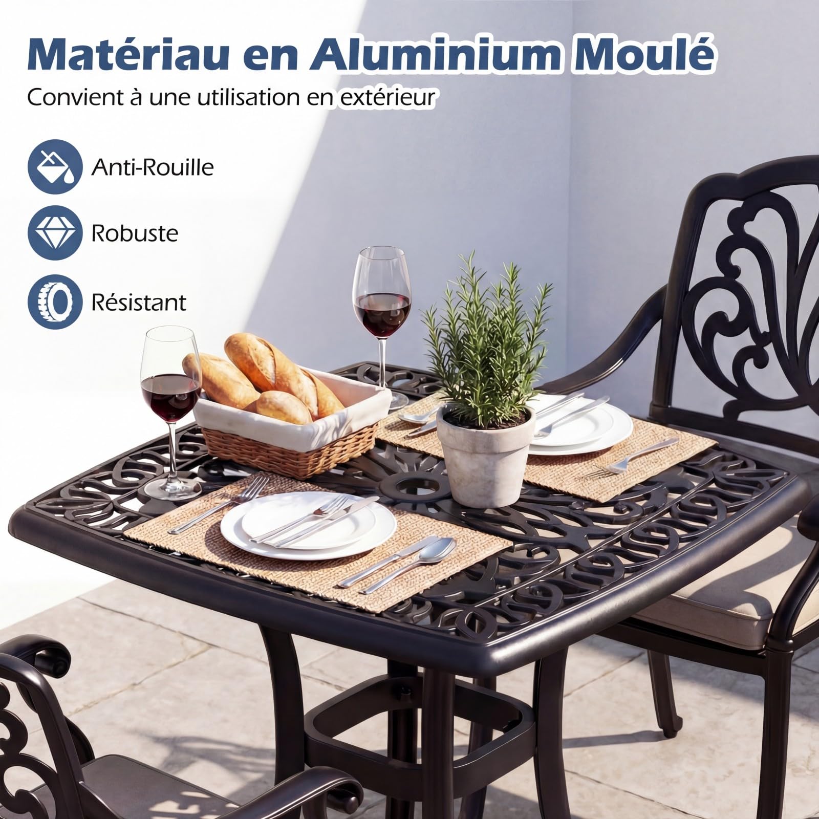 COSTWAY Table Jardin Carrée en Aluminium Moulé 54 CM, Table d'Appoint Extérieure Anti-Rouille avec Trou Intégré pour Parasol, Résistante aux Intempéries pour Patio Piscine Terrasse, Noir