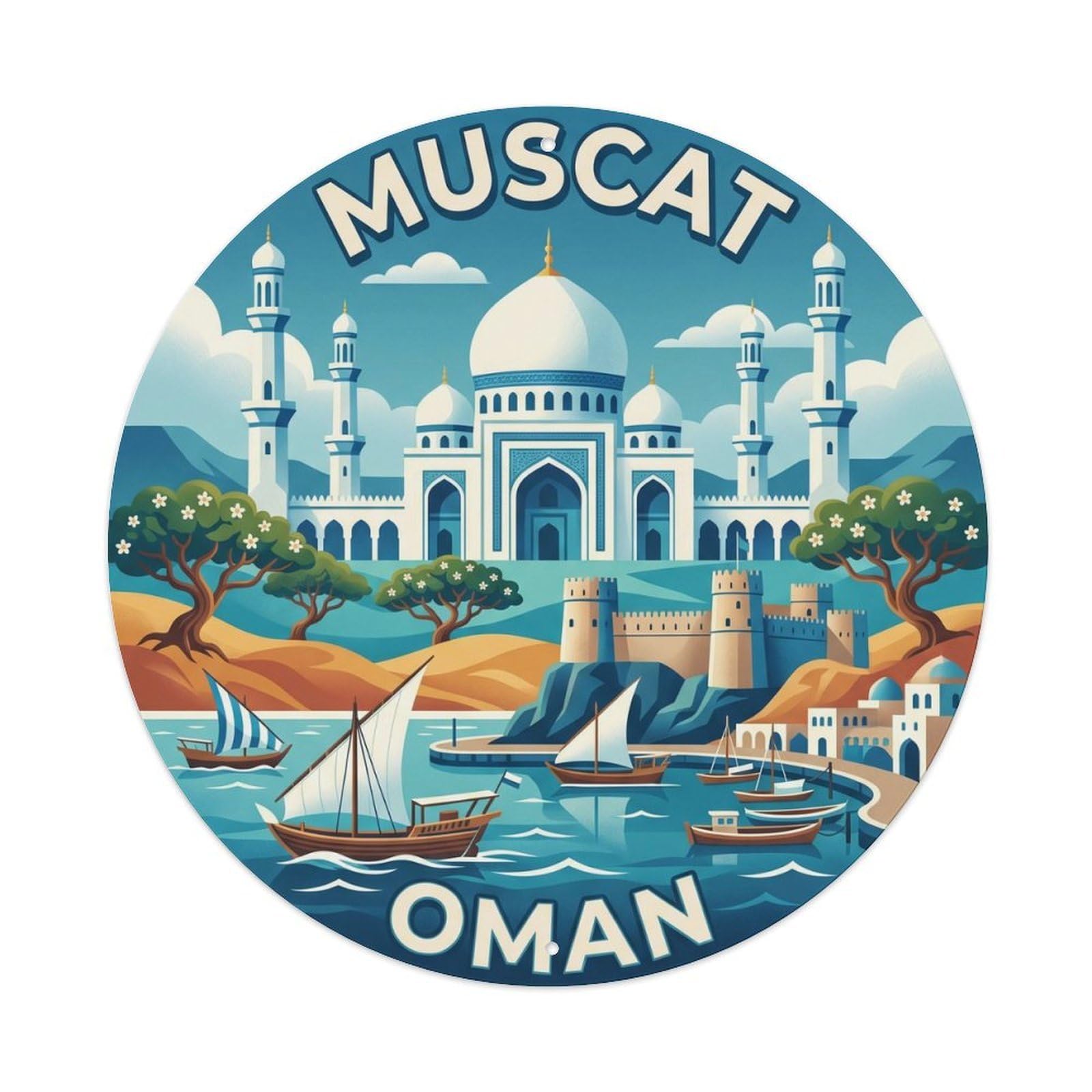 Vintage Travel Muscat Oman Mosque Vintage Metal Tin Sign Plaque Wall Decor for Cafe, Club Bar, Office, Garden Metal Poster 8x8Inch