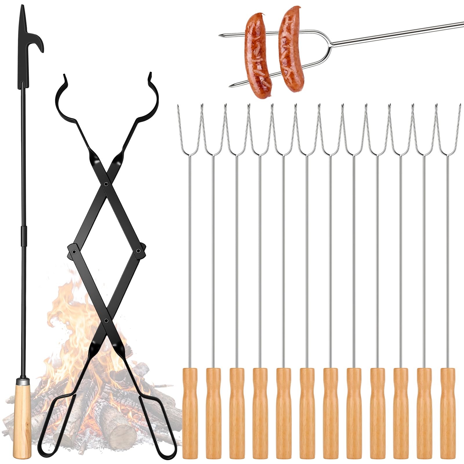 Patelai 14 Pcs Camping Gear Campfire Accessories Include 12 Pcs Smores Sticks for Fire Pit, 32" Campfire Poker and 25" Fireplace Tong, Roasting Sticks Camping Essentials Hot Dog Fork Tools