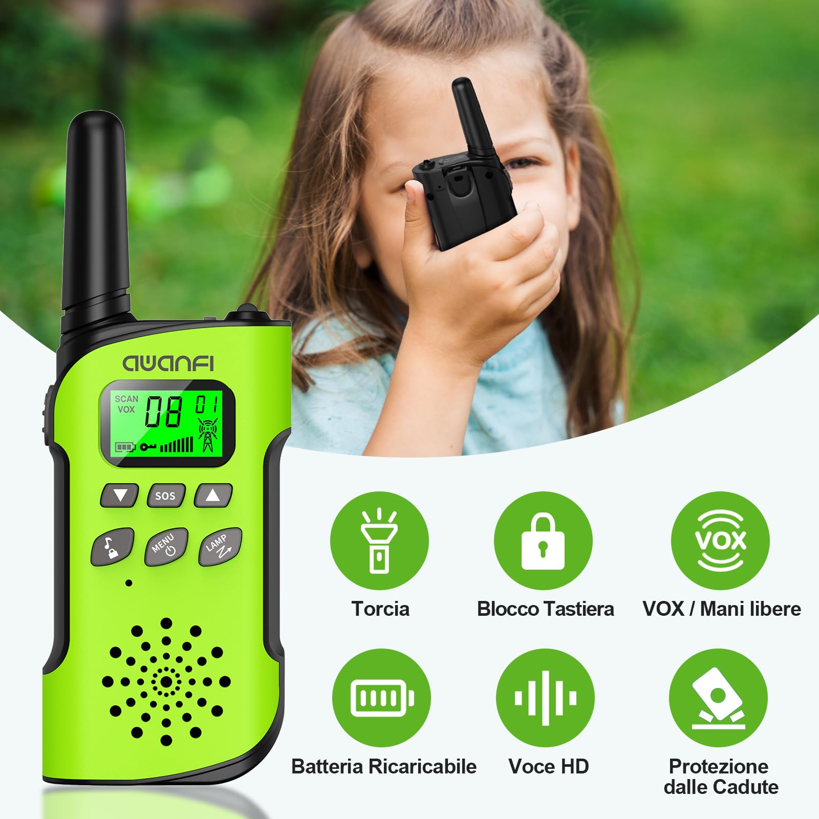 Walkie-Talkie per Bambini, AWANFI Walkie Talkie Ricaricabile con Batteria, Torcia, Funzione SOS e VOX, Walkie-Talkies per Campeggio/Avventure, Regali per Bambini da 3 a 12 Anni