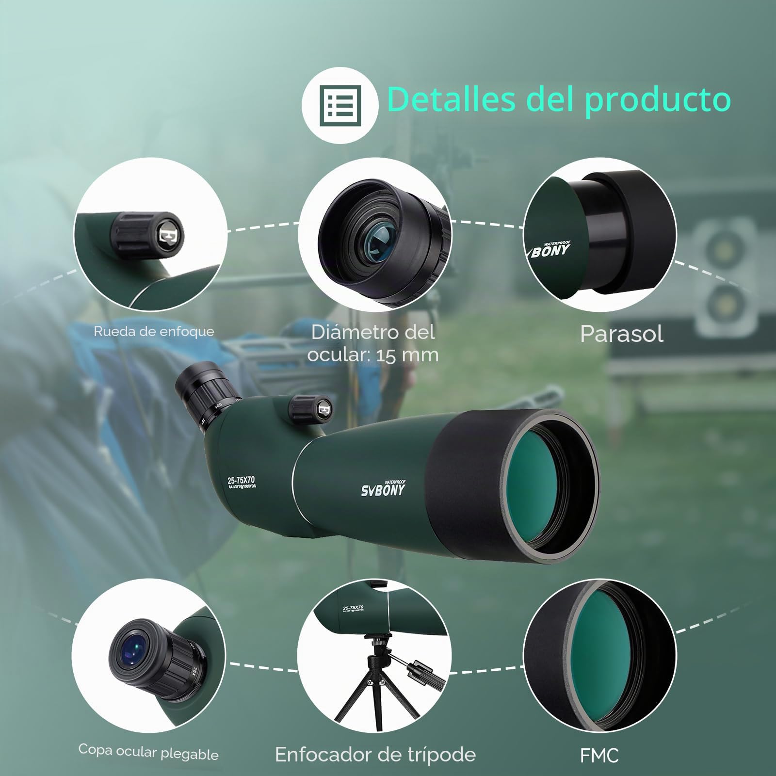 SVBONY, SV28, Telescopio de detección con trípode, ángulo de 25-75 x 70 mm con Adaptador de teléfono, Alcance Impermeable a Prueba de Niebla para observación de Aves o Vida Silvestre y Tiro al