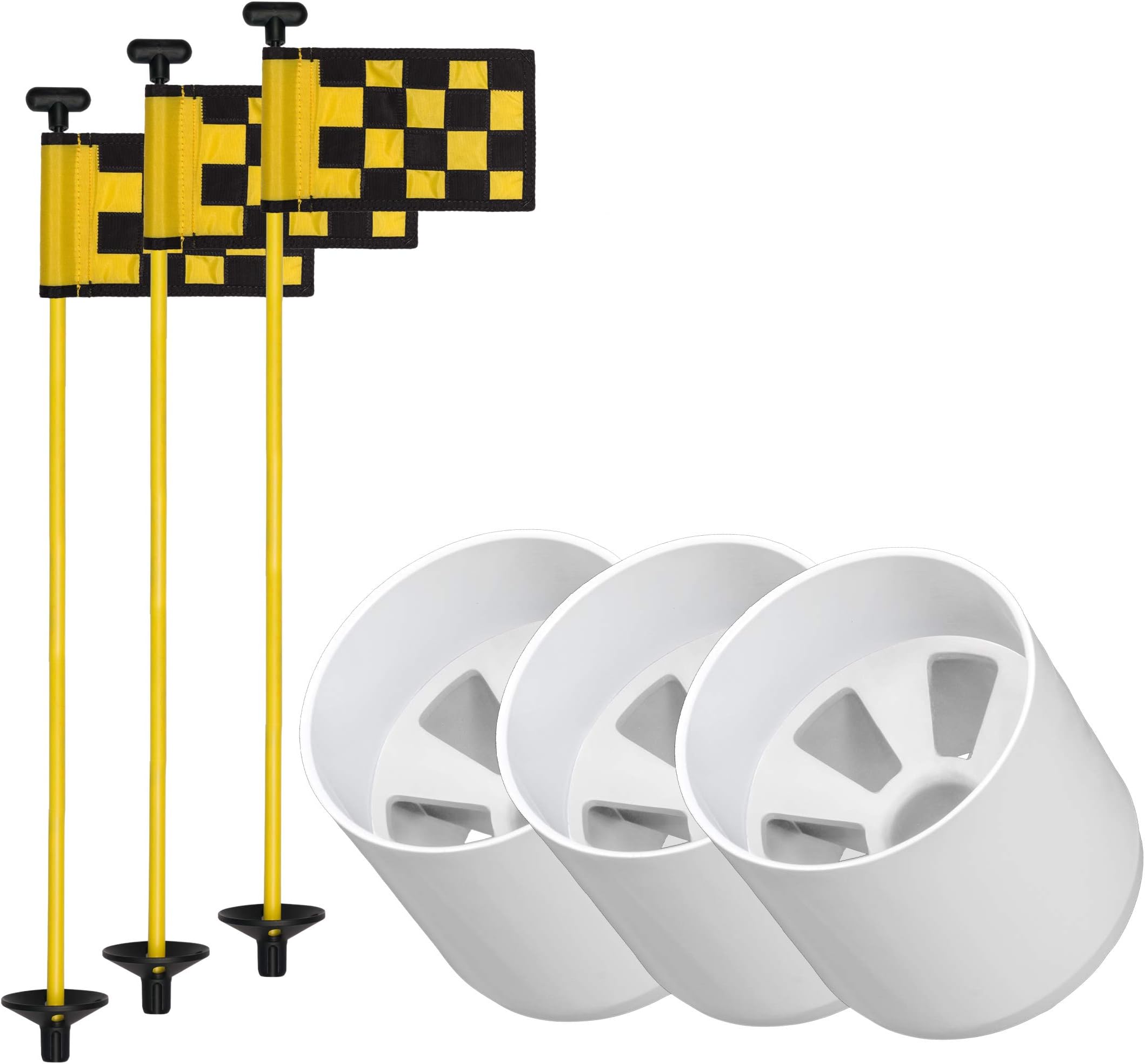 Golf Practice Set - 3 Hole Mini Putting Green Flags & Cups - Aluminum Cup Set (Yellow)