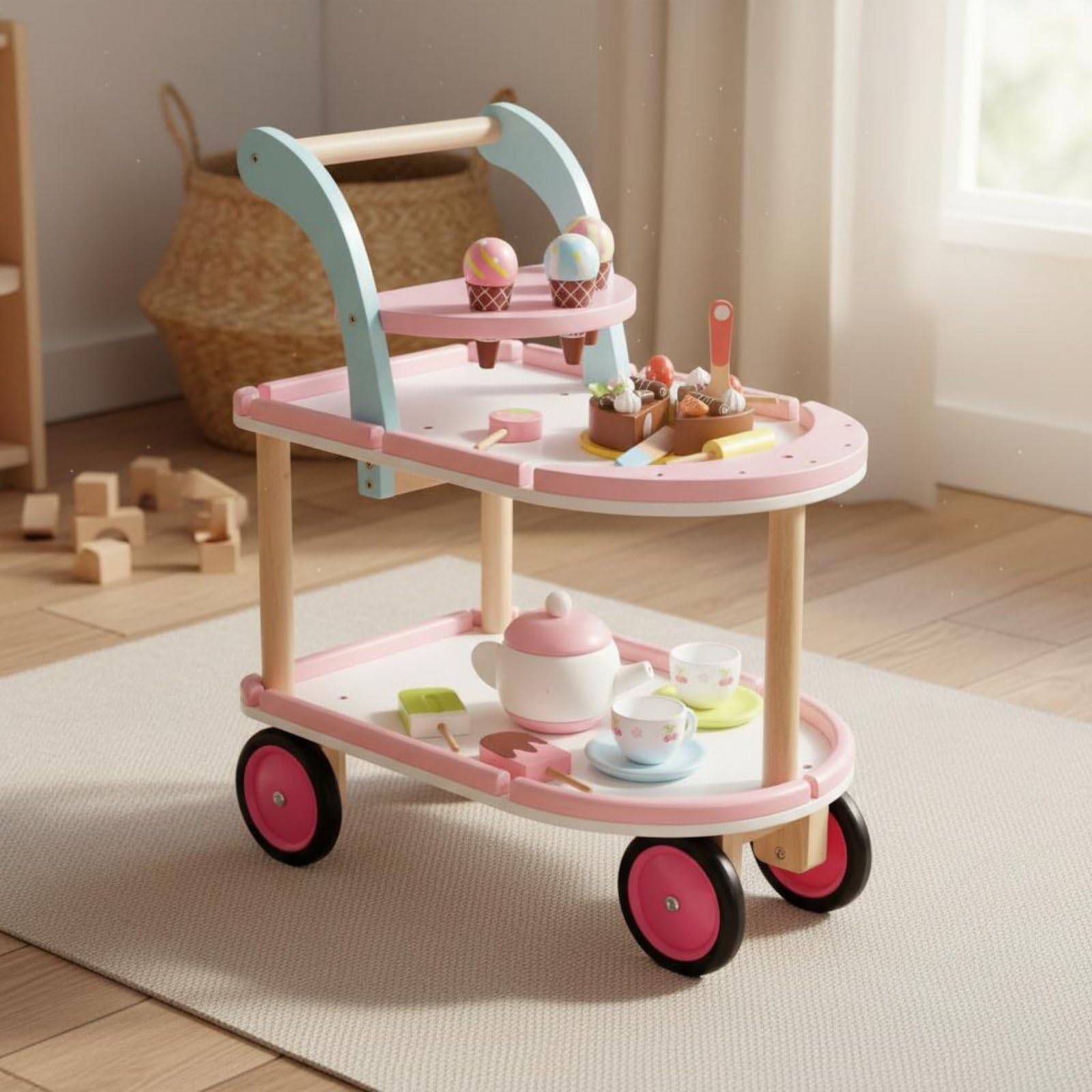 Qianly Eisdielenwagen mit Rollen Eisverkaufsstand aus Holz Soziale Fähigkeiten Holz-Eisdiele für Kinderzimmer