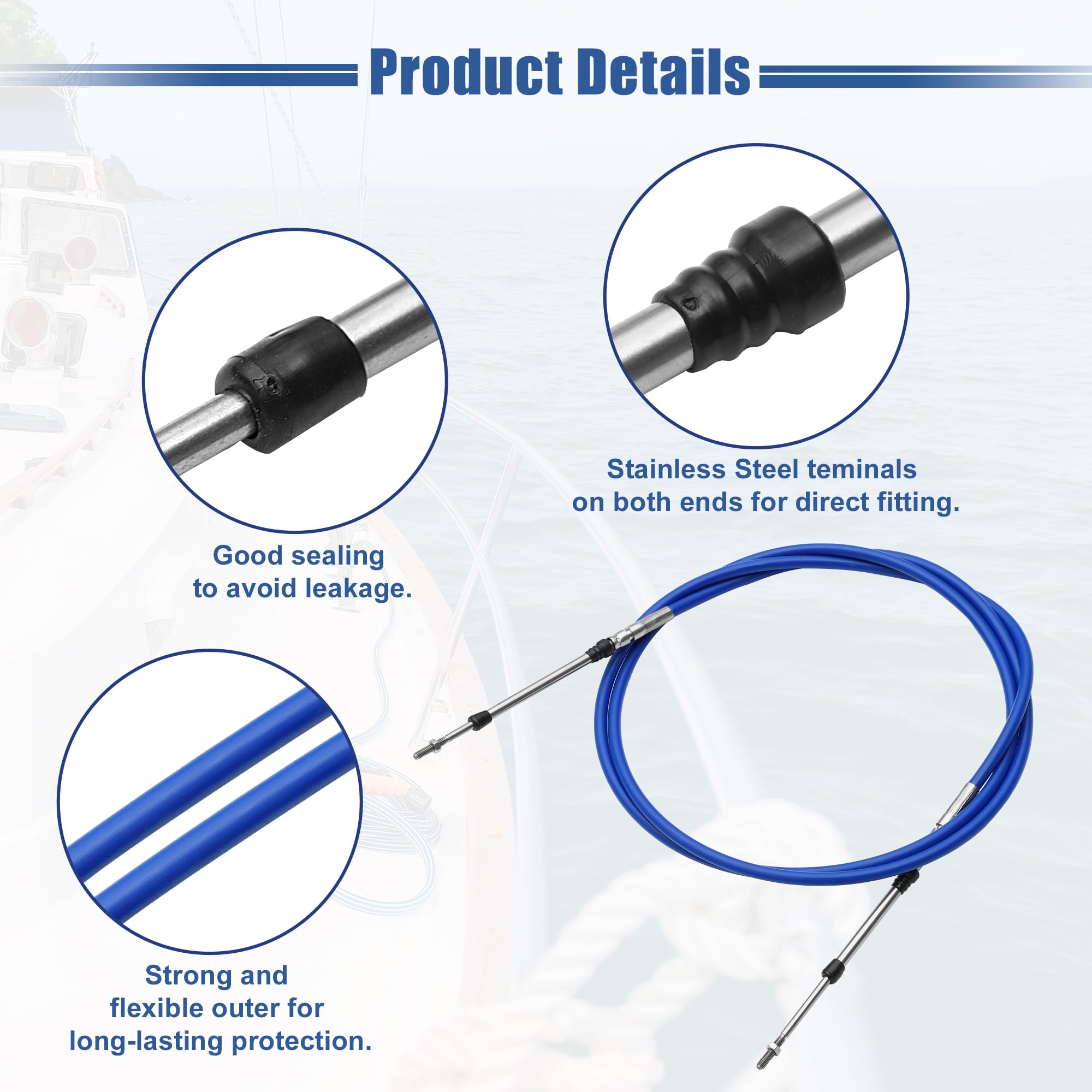 QUARKZMAN Cable De Control De Acelerador Y Cambio 2 Piezas Para Barcos | Azul, Plateado, Acero Inoxidable, Caucho, Rosca M5X0.8, Para Motores Fuera De Borda