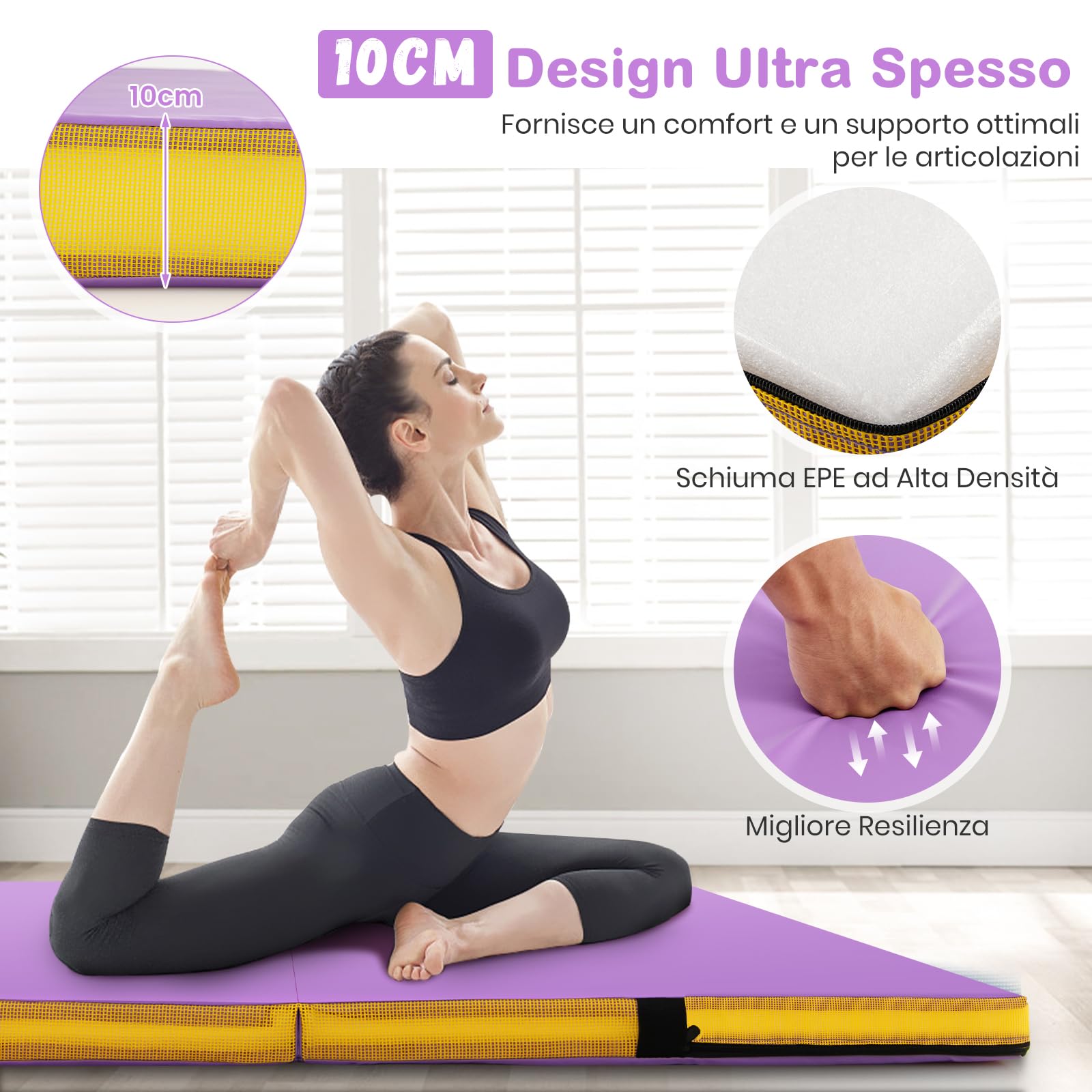 COSTWAY Tappetino Fitness Pieghevole, Materassino per Ginnastica e Acrobatica con Rivestimento in Pelle Sintetica e Maniglie, per Esercizi a Casa per Yoga, Stretching e Pilates