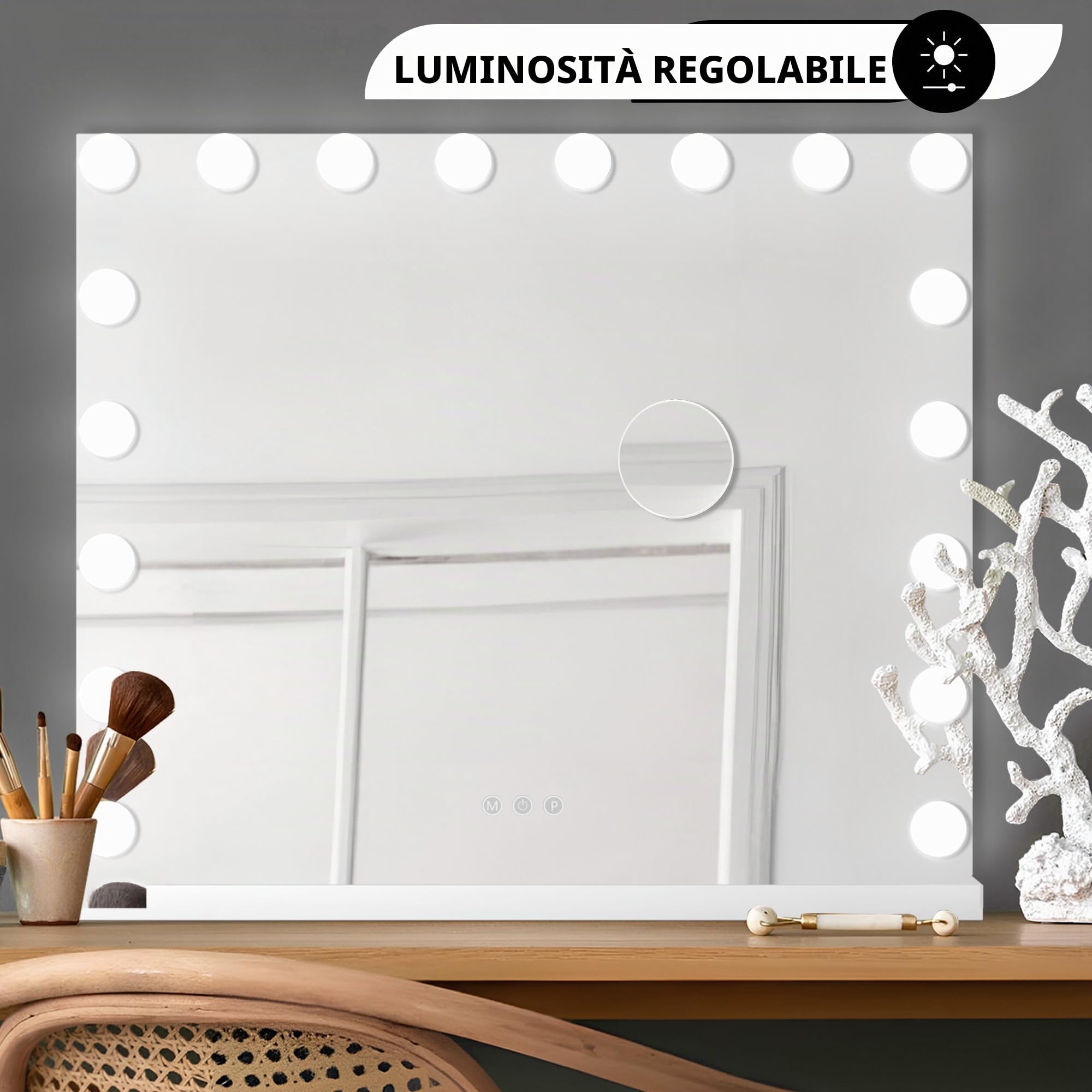 Bayt Specchio trucco con luci e Bluetooth, Specchio cosmetico Hollywood - Trucco - 80x60 - Dimmerabile - Ingrandimento 10x (Bianco)