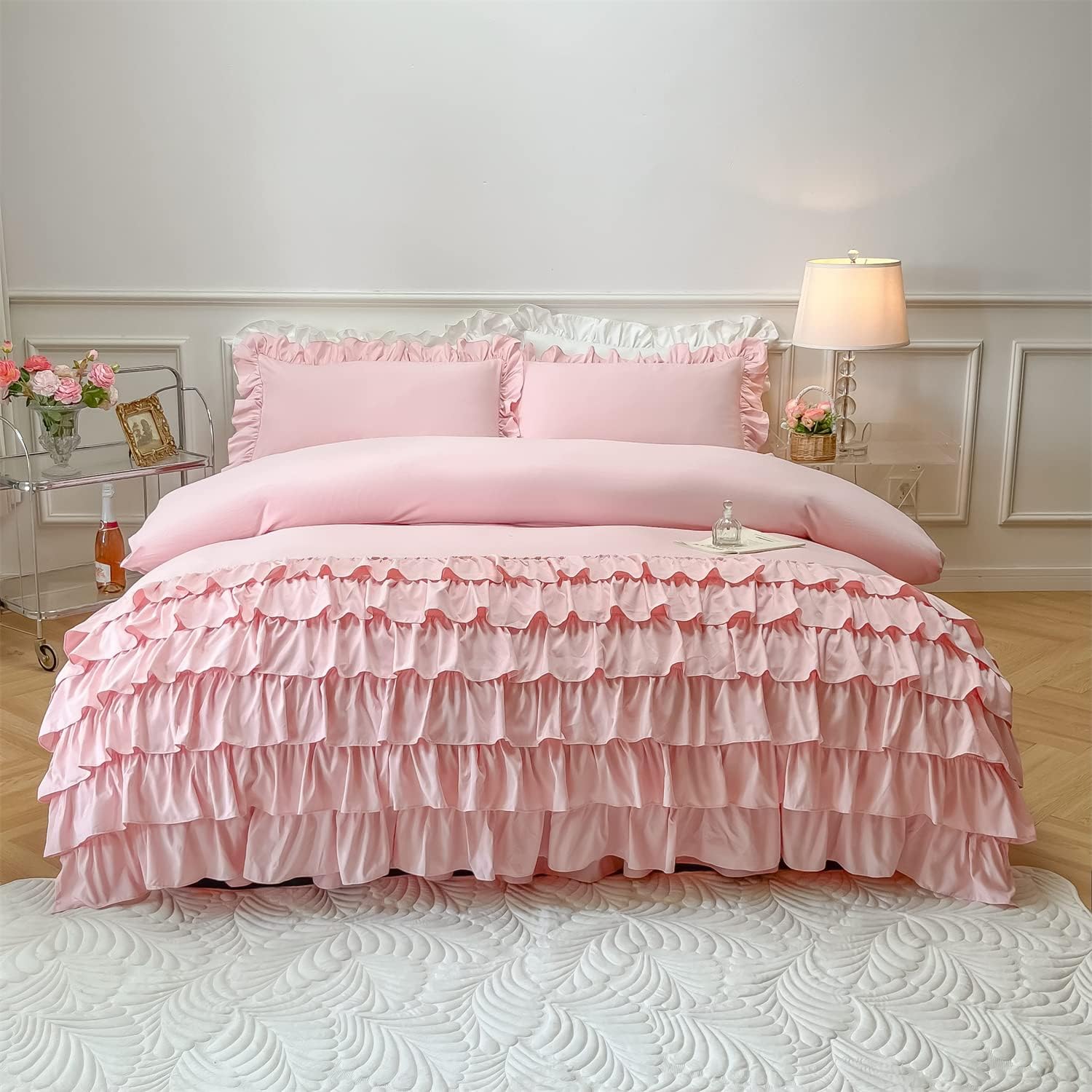 MOOWOO Girls Bedding - Waterfall Ruffle Duvet Cover - Twin 2 Piece Shabby Chic Solid Color Soft & Breathable with Zipper Closure & Corner Ties, Aesthetic Pink - Image 2