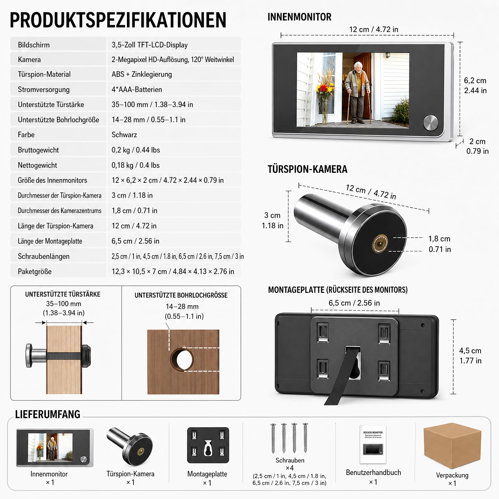 Türspionkamera mit Türklingel 3.5" LCD 120° Weitwinkel HD Haustür | 2MP Auflösung, Zinklegierung Anti-Pry, AAA Batteriebetrieben, Kabelloser Einbau, Gucklochkamera, 35-100mm Türdicke
