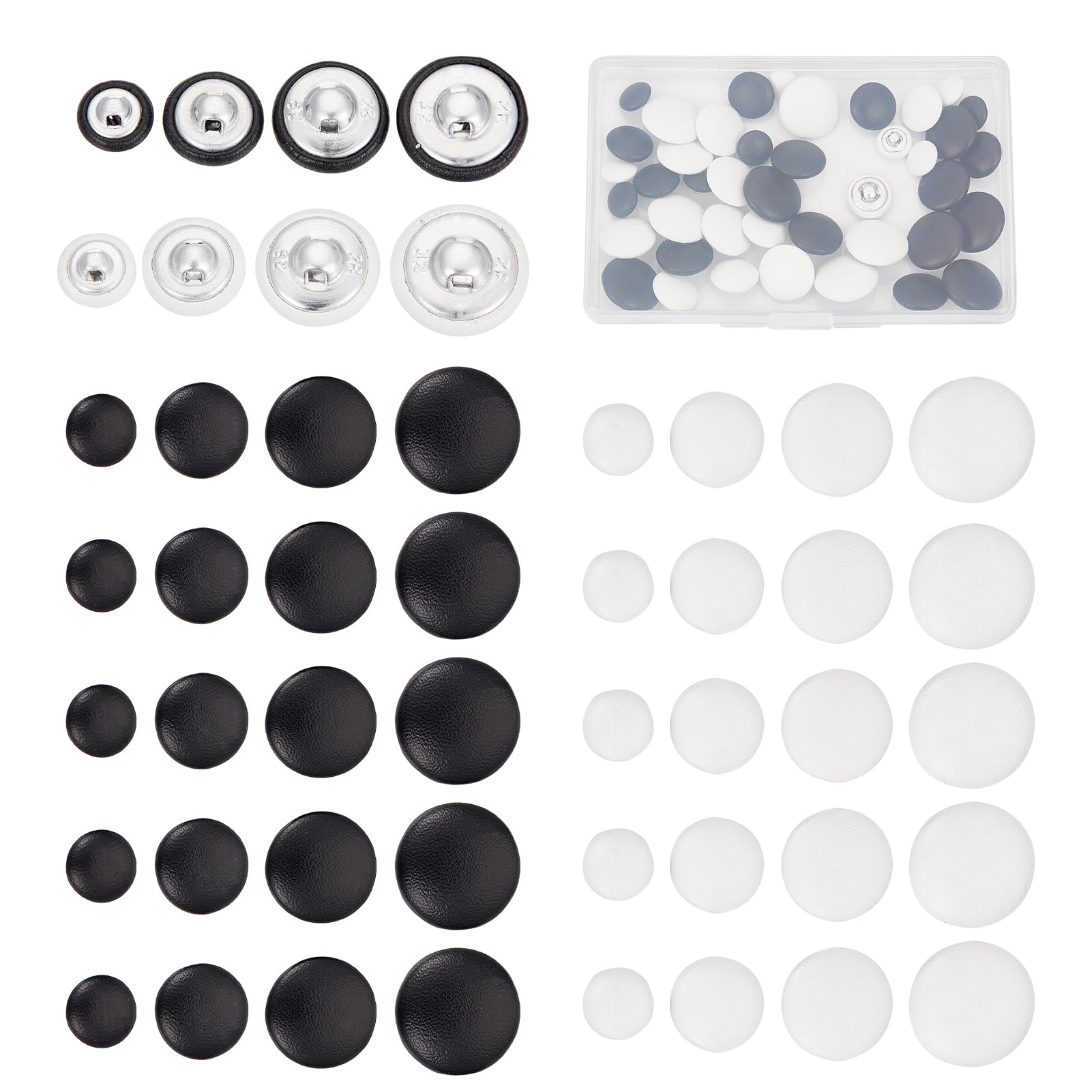 NICENEEDED 48 Pcs Leather Covered Buttons with Sew On, 4 Size Black White Metal Shank Buttons, Sewing Craft Buttons Upholstery Knitting DIY Handcraft for Clothes Dress Suits Jeans Sofa Decoration