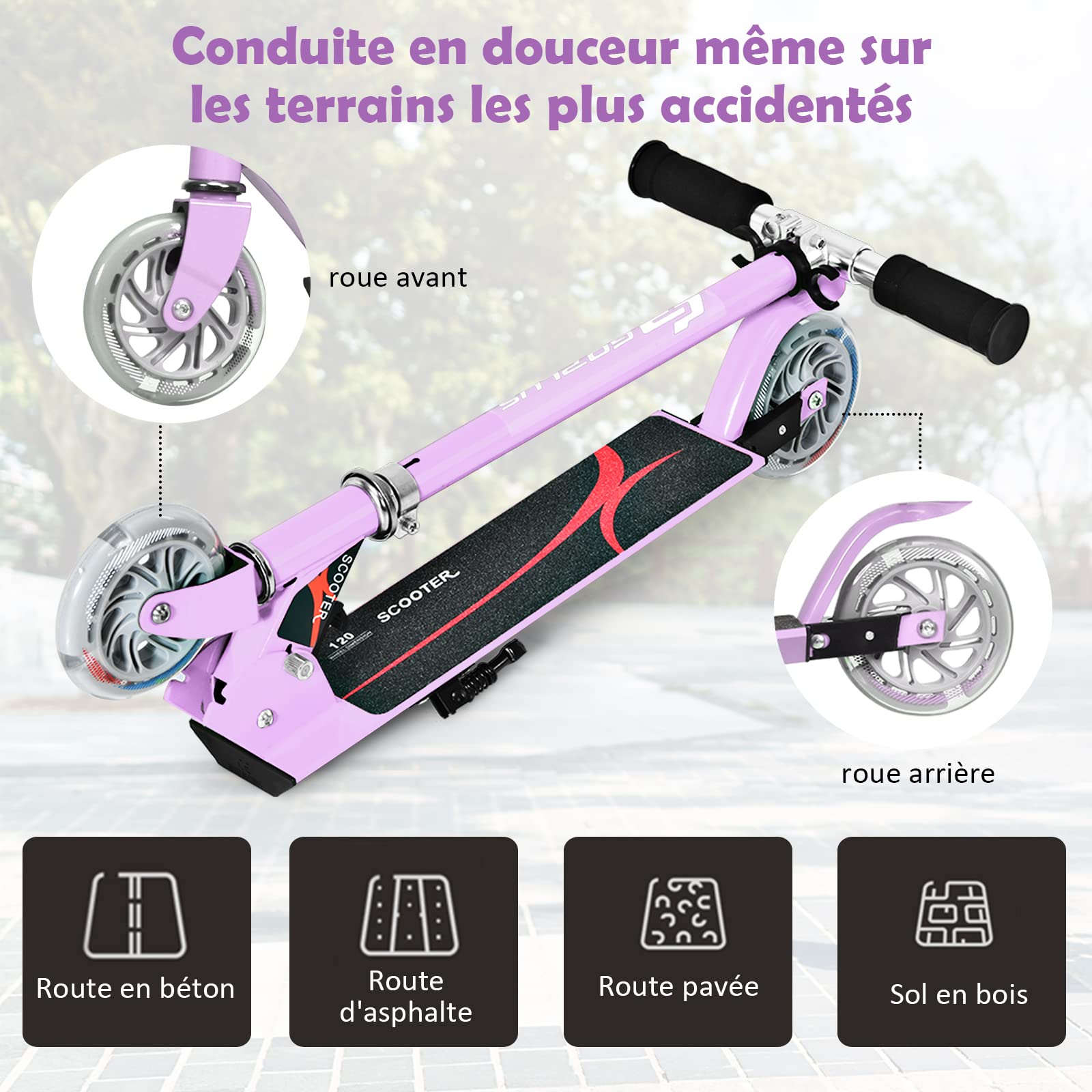COSTWAY Trottinette Enfant Pliable avec Roulement ABEC-9 & 2 Roues Clignotantes 120mm, Trottinette Pro Enfants avec 3 Hauteurs Réglables & Béquille, Scooter, Charge 70kg pour 5-13 Ans
