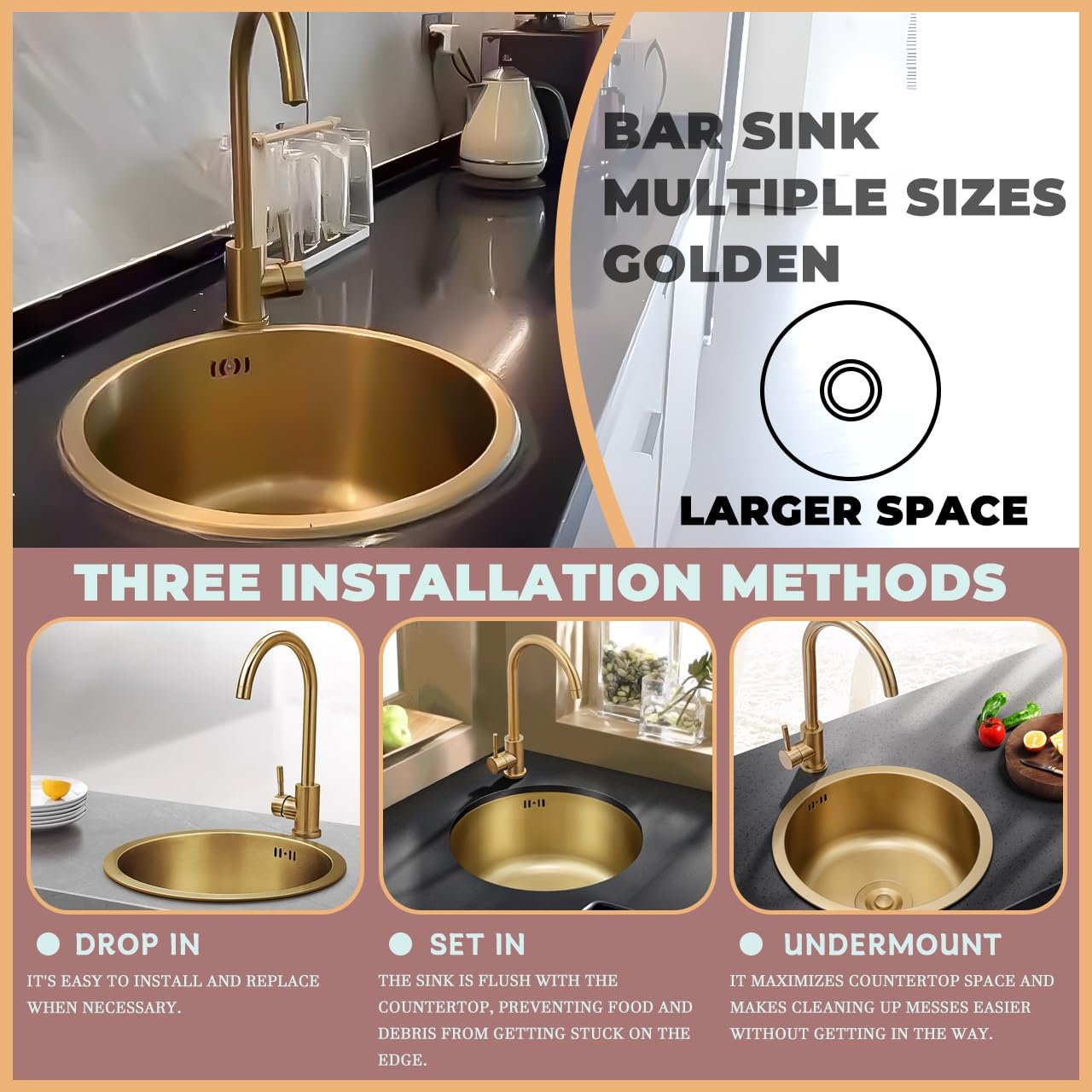 Küchenspülen, Golden Einzelspüle, 1 Becken Runden Küchenspüle/Badezimmer Spülen Aus Edelstahl In Gold, Nano Mit Abflussset, Leicht Zu Reinigen, Einbau-Unterbau/Aufbau(Gold-#b,32x32cm)