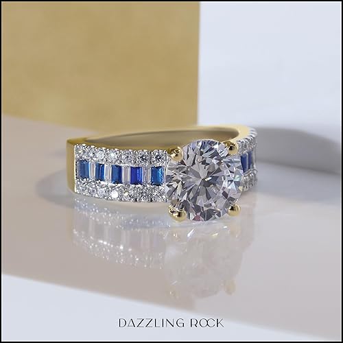 Miniatura 2 de Dazzlingrock Collection Anillo de compromiso redondo de oro macizo de 10 quilates y baguette de 5.80 quilates con zafiro azul y circonita cúbica