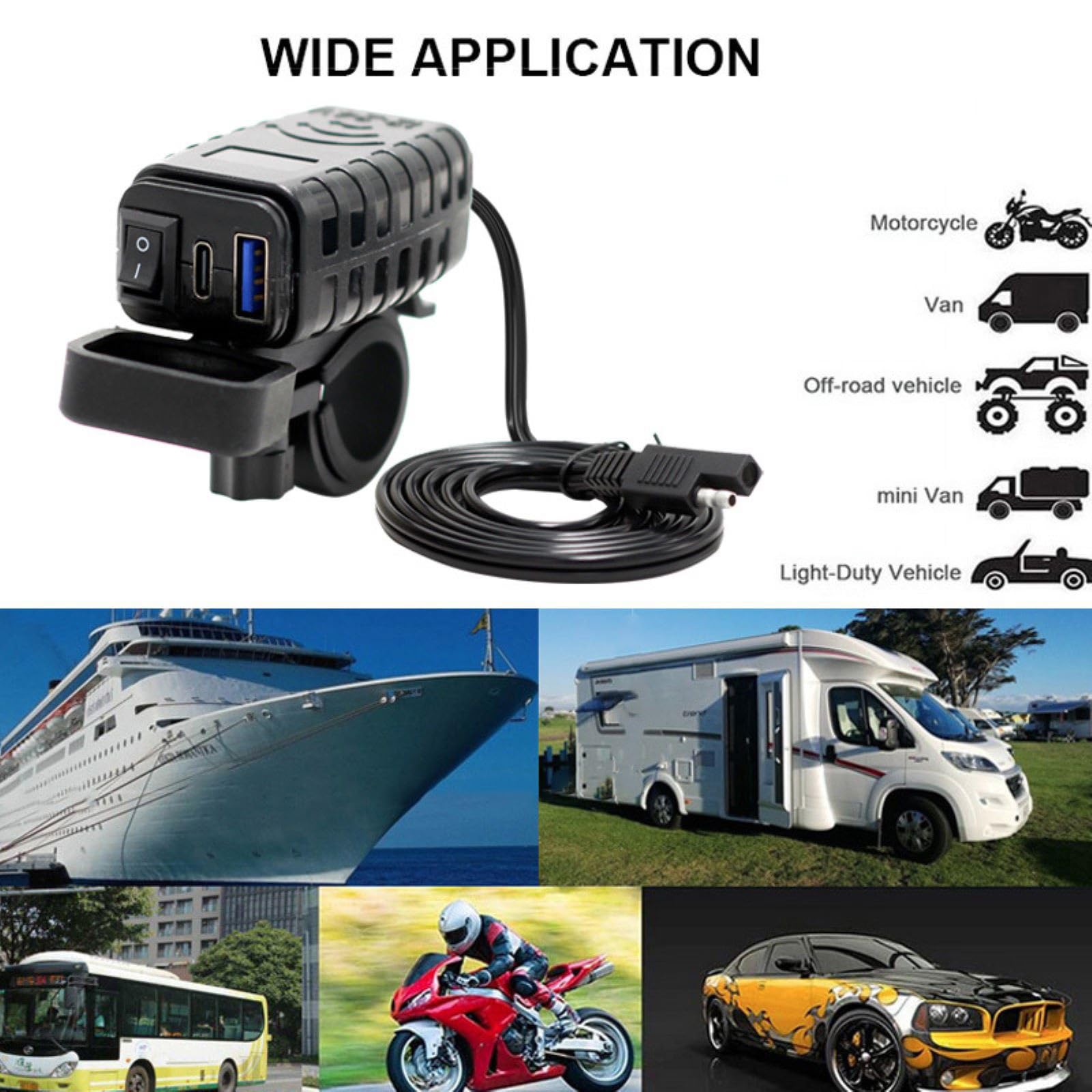 Handbar Dual-Port USB Charger for Motorcycle with ON/Off Switch, Waterproof with LED Light Display