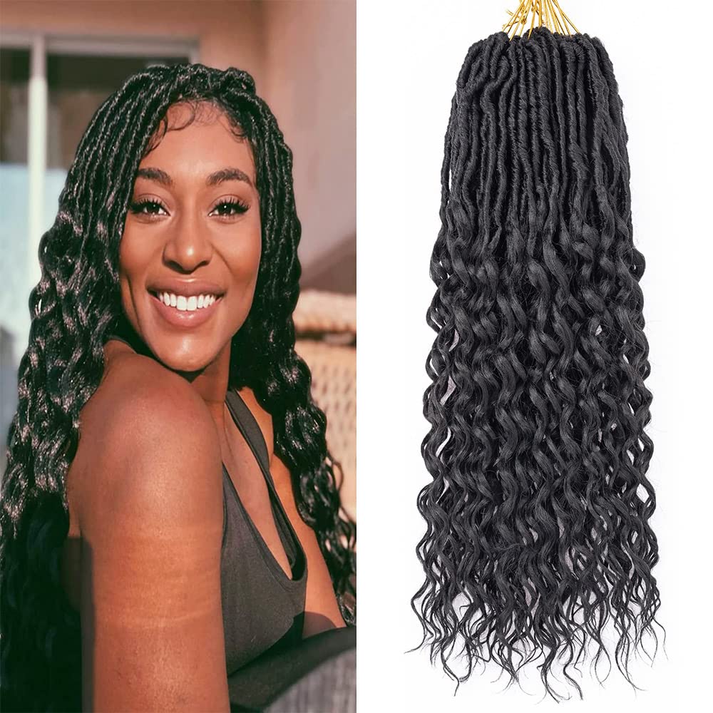 DoeSeor 14 Inch Goddess Locs Crochet Hair 8 Packs New Soft Faux Locs Crochet Braids Deep Wave Pre Looped Hair Extensions for Black Women(1B/8PCS/14inch)
