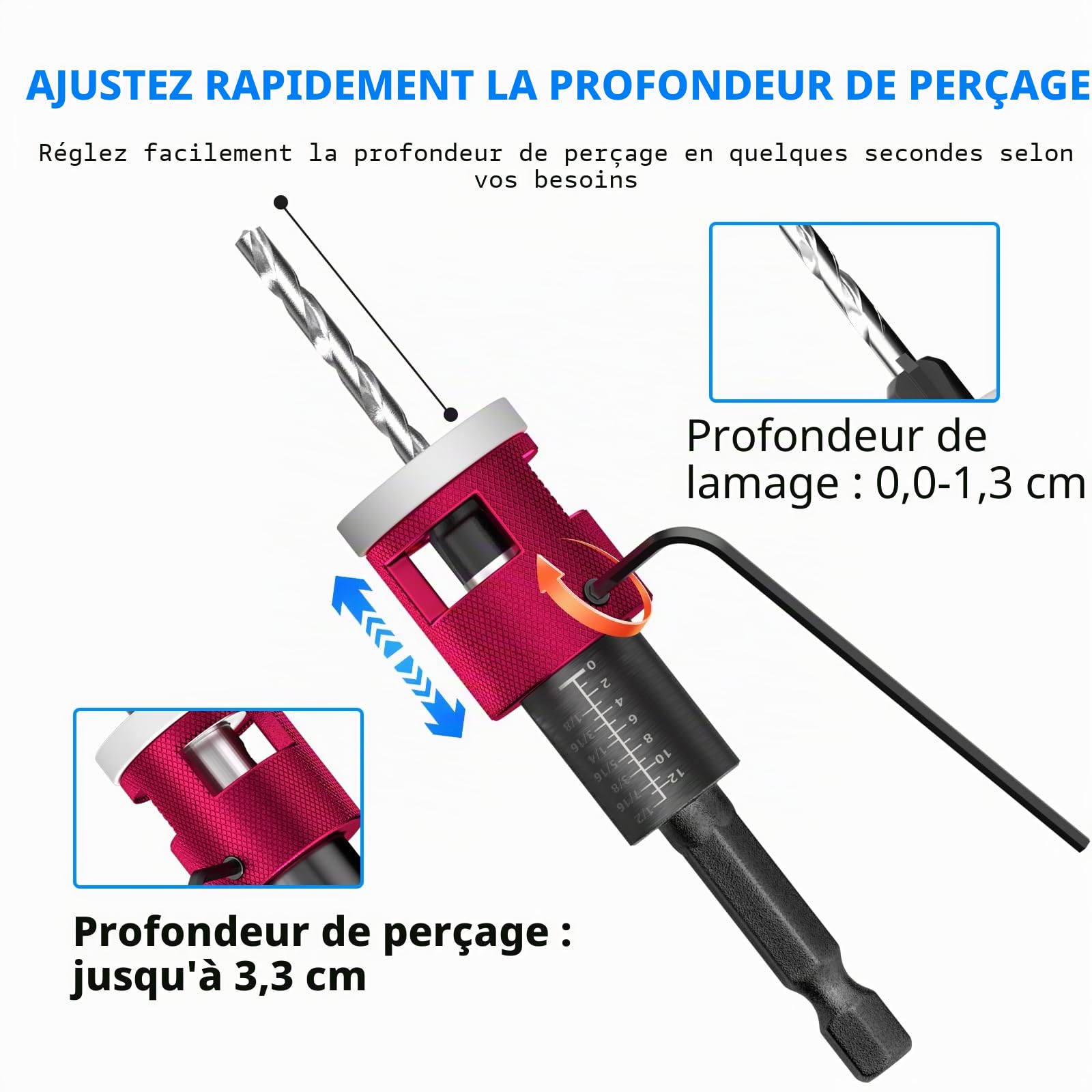 BURMONG Lot de 5 Foret Fraise avec Butée de Profondeur, Foret Fraisoir a Bois avec Tige Hexagonale 1/4", Alésage Précis Parfaits pour le Bois et Travaux de Menuiserie
