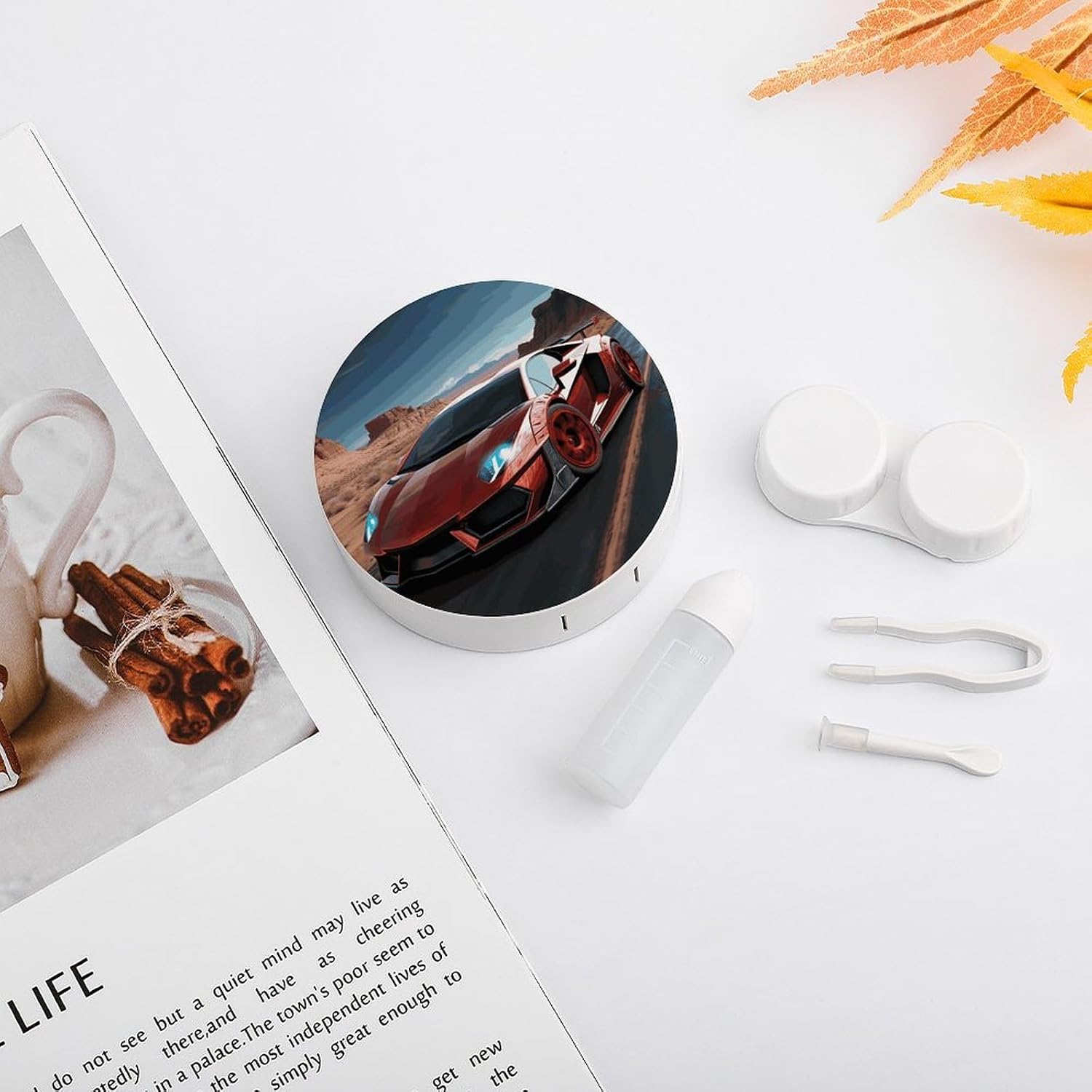 Red Race Car Contact Lens Case Portable Contact Lens Applicator Removal Tool Kit Cute Round Eyeglass Cases with Mirror for Daily Vision Care And Outdoor Use