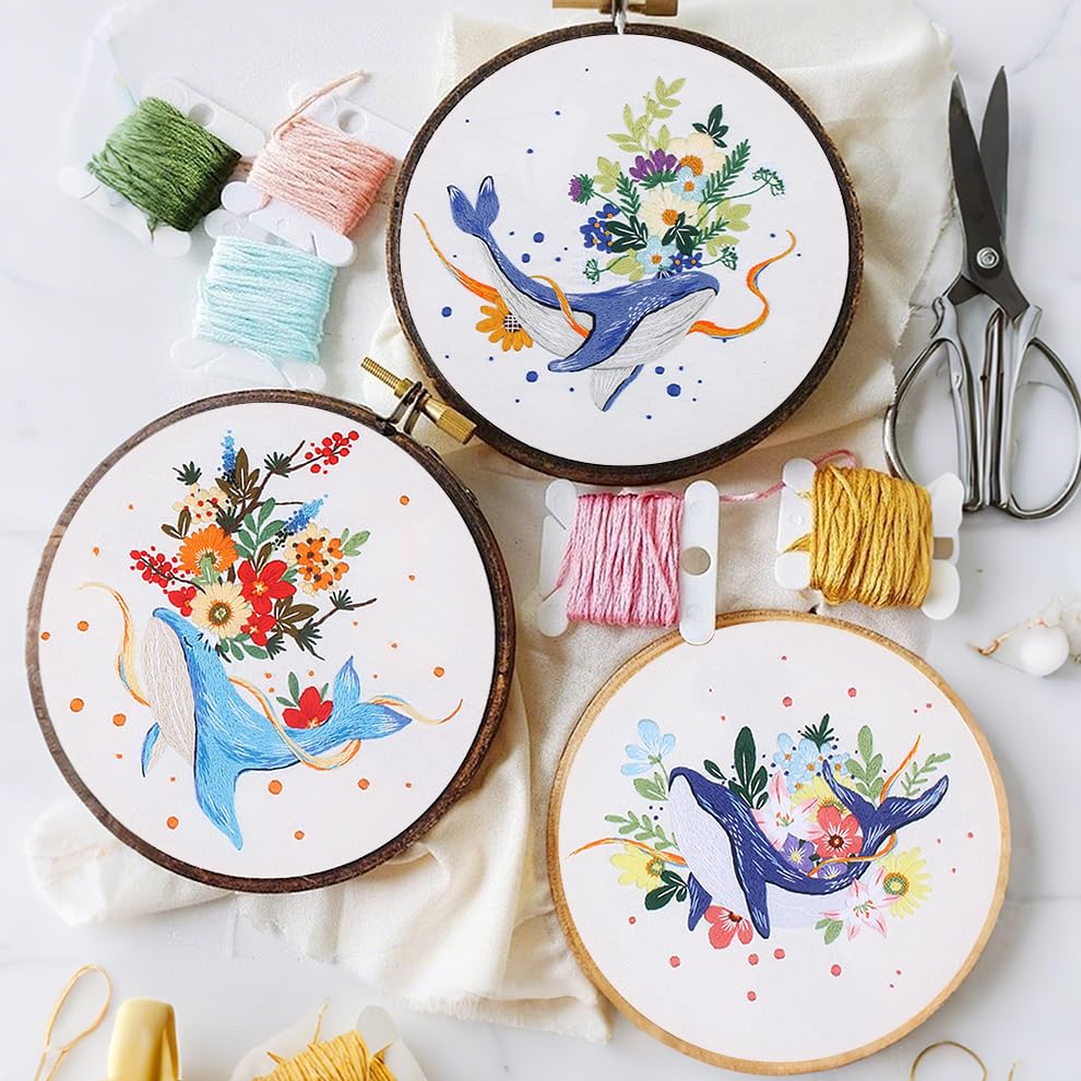 Image of KEKEMEOW 3 Sets Embroidery Kit for Beginners, Stitches with Whale and Flowers, Embroidery Stitch Practice kit for Adults Craft Lover, Cross Stitch Kit with Pattern、Instruction、Hoop