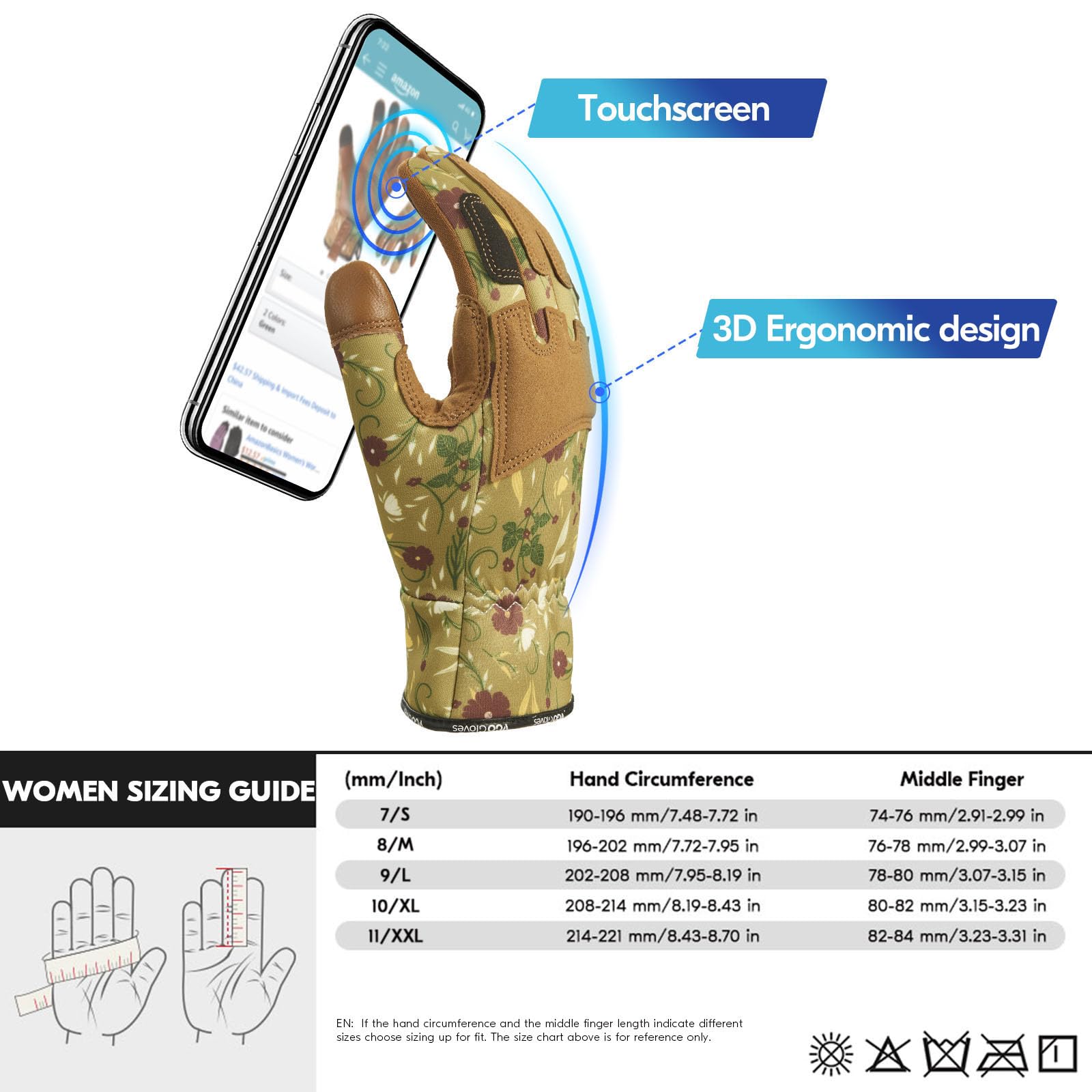 Vgo... Guantes Jardinería Mujer Touchscreen, Guantes de Trabajo de Cuero Anti-espinas, 1 par