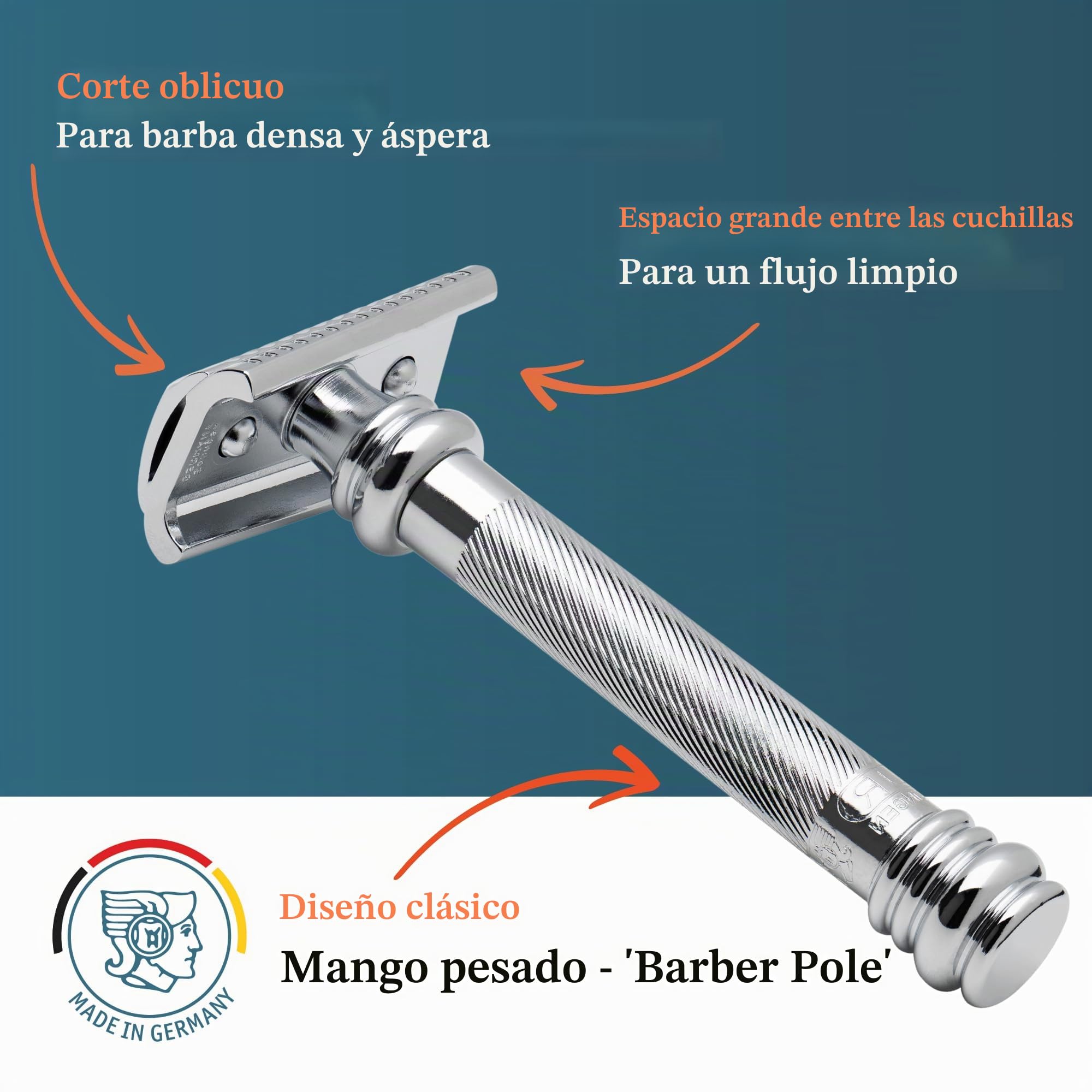 MERKUR Maquinilla de afeitar 39C | Barber Pole corte oblicuo pulido | afeitadora de dos piezas con corte oblicuo | peine cerrado | ideal para afeitado en húmedo | mango de latón | Made in Germany