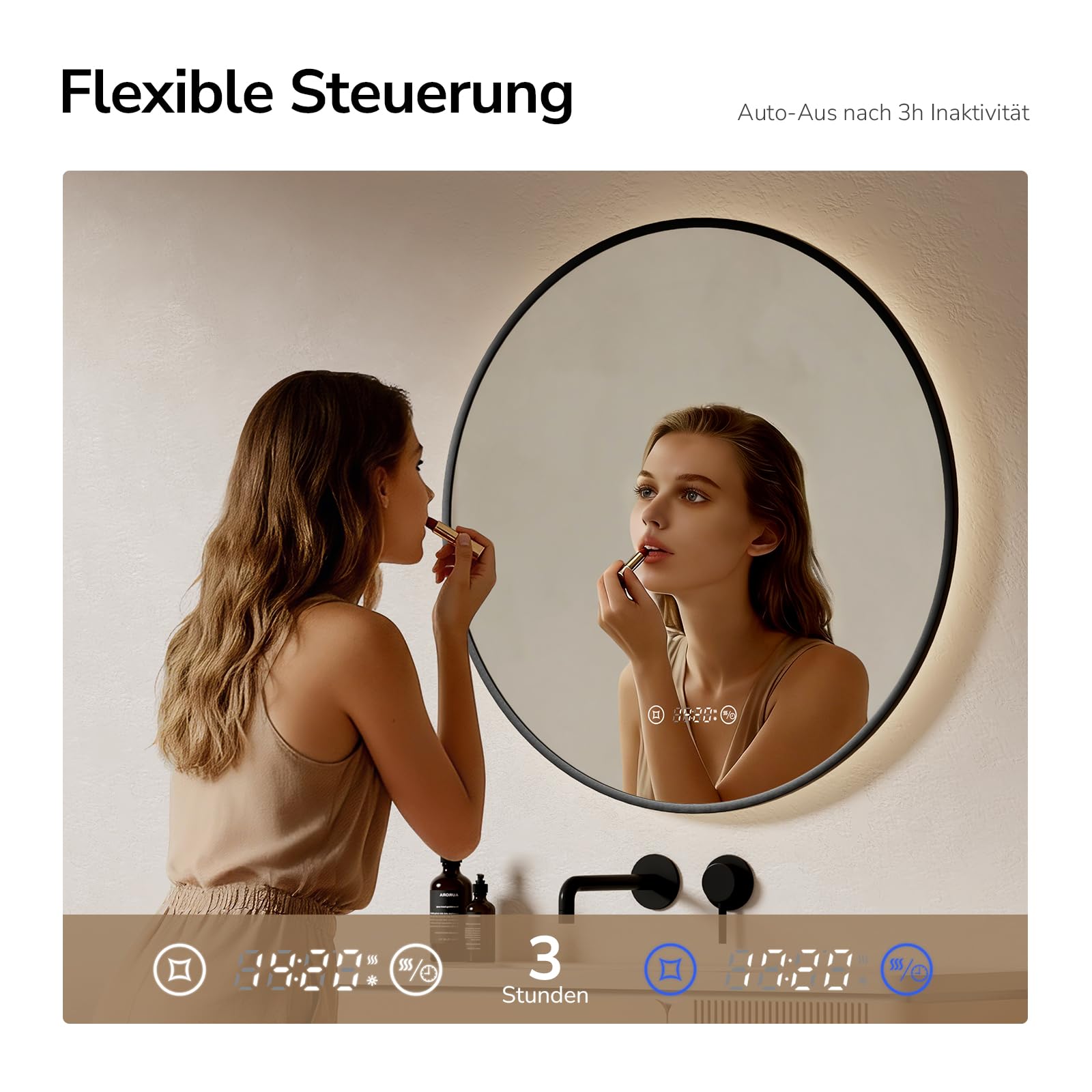 EMKE Badspiegel mit Beleuchtung Rund 70 cm, Anti-Beschlag, 3 Lichtfarben & Dimmfunktion, Uhr, Touch & Memory-Funktion, LED Badezimmerspiegel mit schwarzem Rahmen