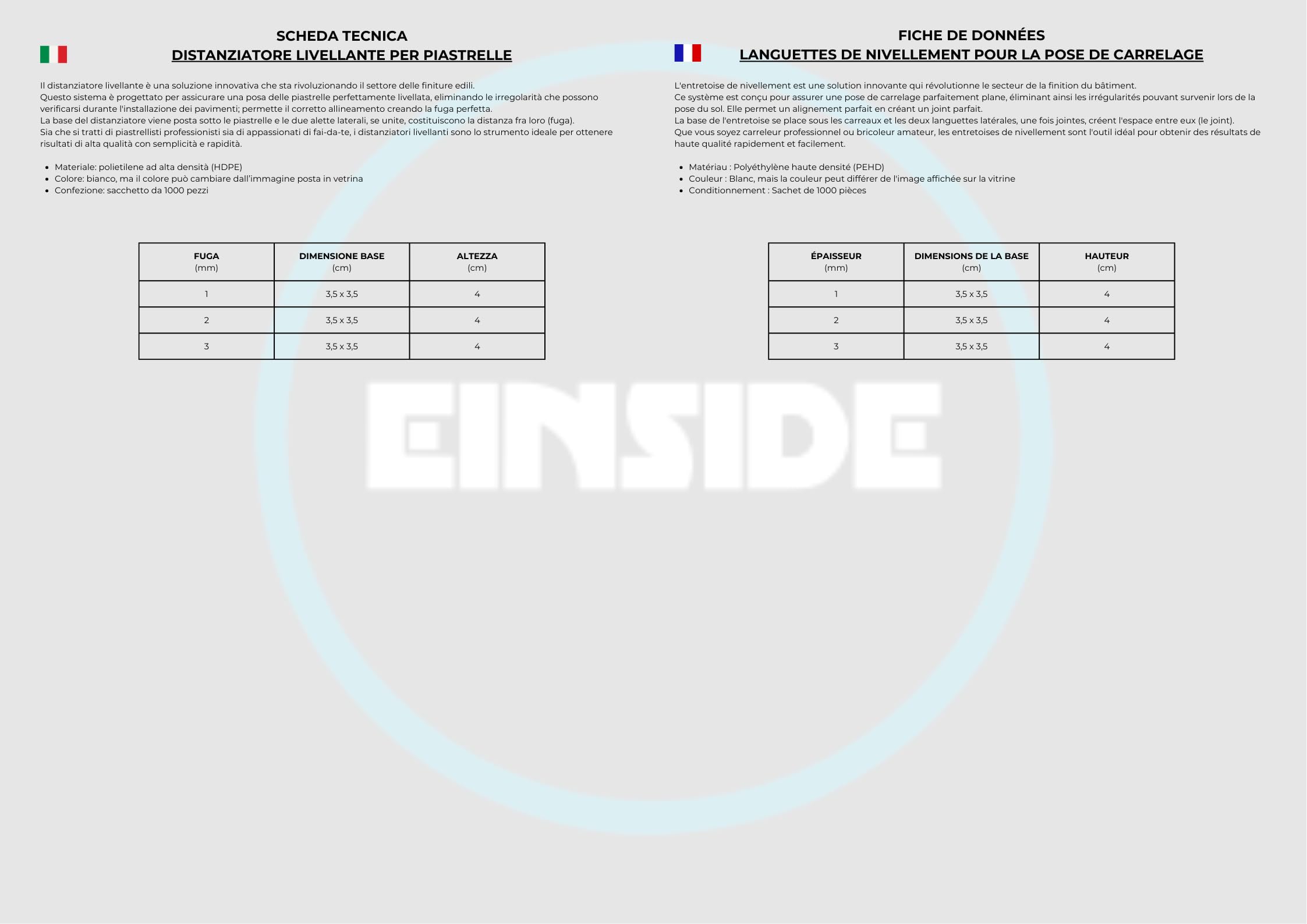 EINSIDE Croisillons autonivelants pour carrelage, Entretoises pour carrelage autonivelant épaisseur 3 mm, 1000 pièces