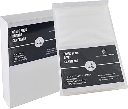 Platinum Protectors Comic Book Bags & Boards for Silver Age, Current/Modern 100-Count Premium Resealable Poly Bag Sleeves - Adhesive Now on The Back of The Bag