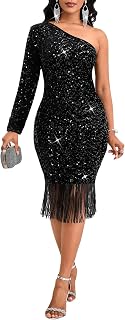 dasmzper Women's Sexy Sequin One Shoulder Long Sleeve Tassel Hem Bodycon Midi Party Cocktail Dress