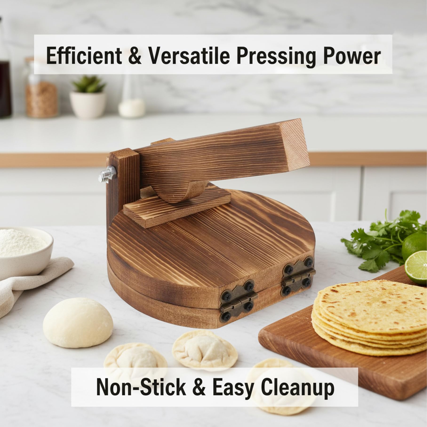 Presse à tortillas en bois, machine à boulettes robuste pour emballages et pâtisserie |.Presse-pâte en bois naturel pour tortillas et boulettes faites maison (marron foncé)