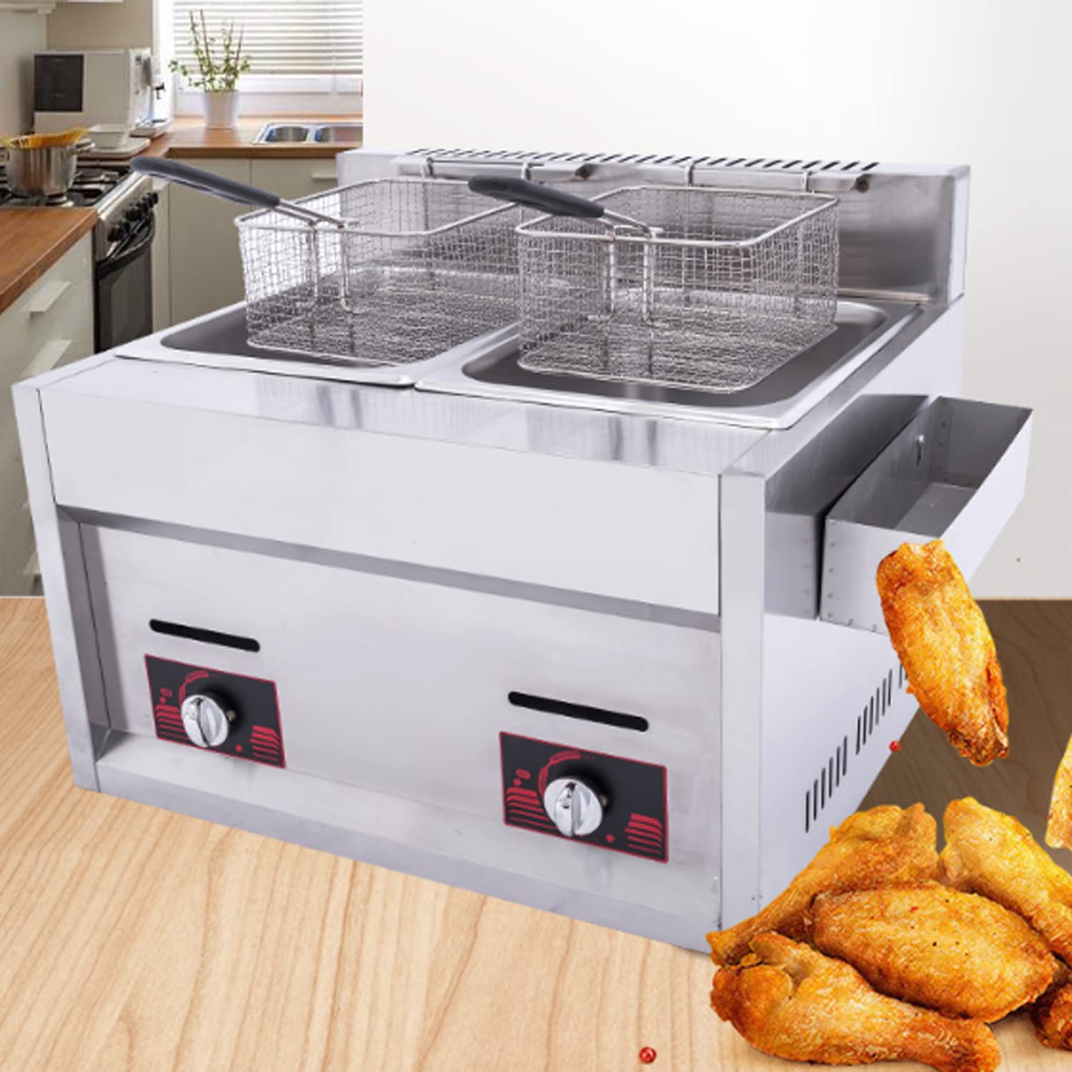 Friggitrice Commerciale a GPL, friggitrice a Gas di Grande capacità da 20 Litri, Potenza di Fuoco Regolabile, con cestelli e Coperchio Rimovibili, friggitrice a Gas in acci,