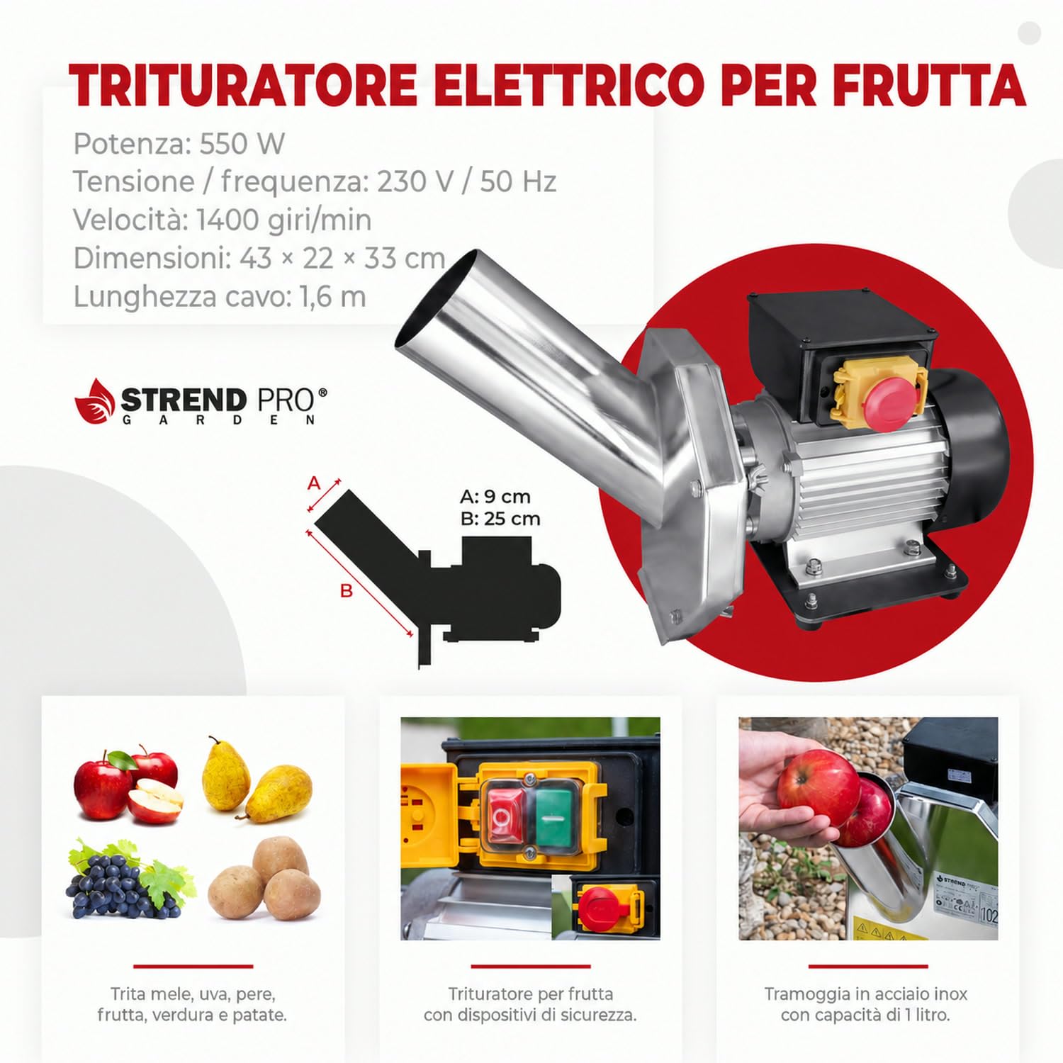 STREND PRO Trituratore elettrico per frutta EFC-2 in acciaio inox, 550 W, 1400 giri/min, tramoggia 1 L, fino a 200 kg/h