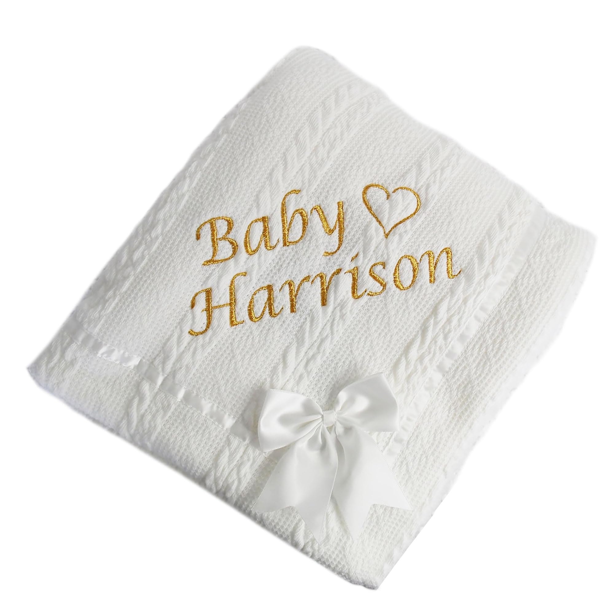 inspired creative design Personalised Embroidered Super Snuggly Cable knit wrap with a Satin Bow sherpa back, New Born Baby Boy, Baby Girl Blanket, (White)
