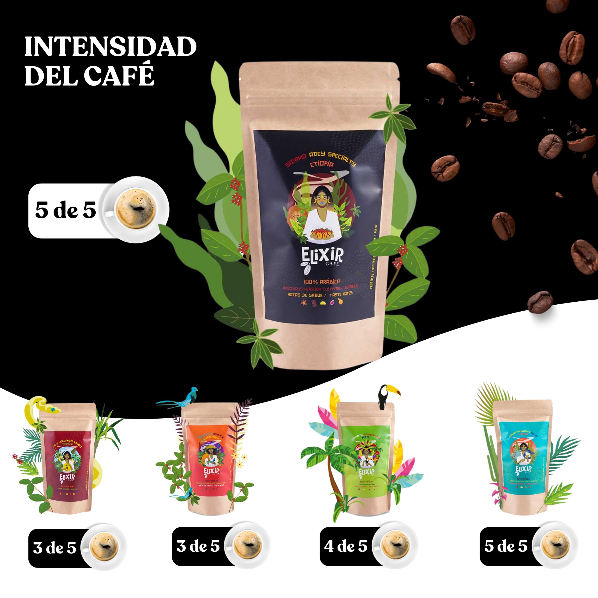 Cafe En Grano Natural 1kg Elixir - Cafe Especialidad Etiopía | Café En Grano 1kg | Café Arabica Etiopía | Intenso 5/5