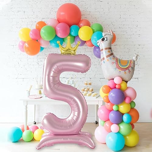 Miniatura 4 de Tellpet Globo rosa con corona número 5 con base para decoración de fiesta de 5 cumpleaños de niñas