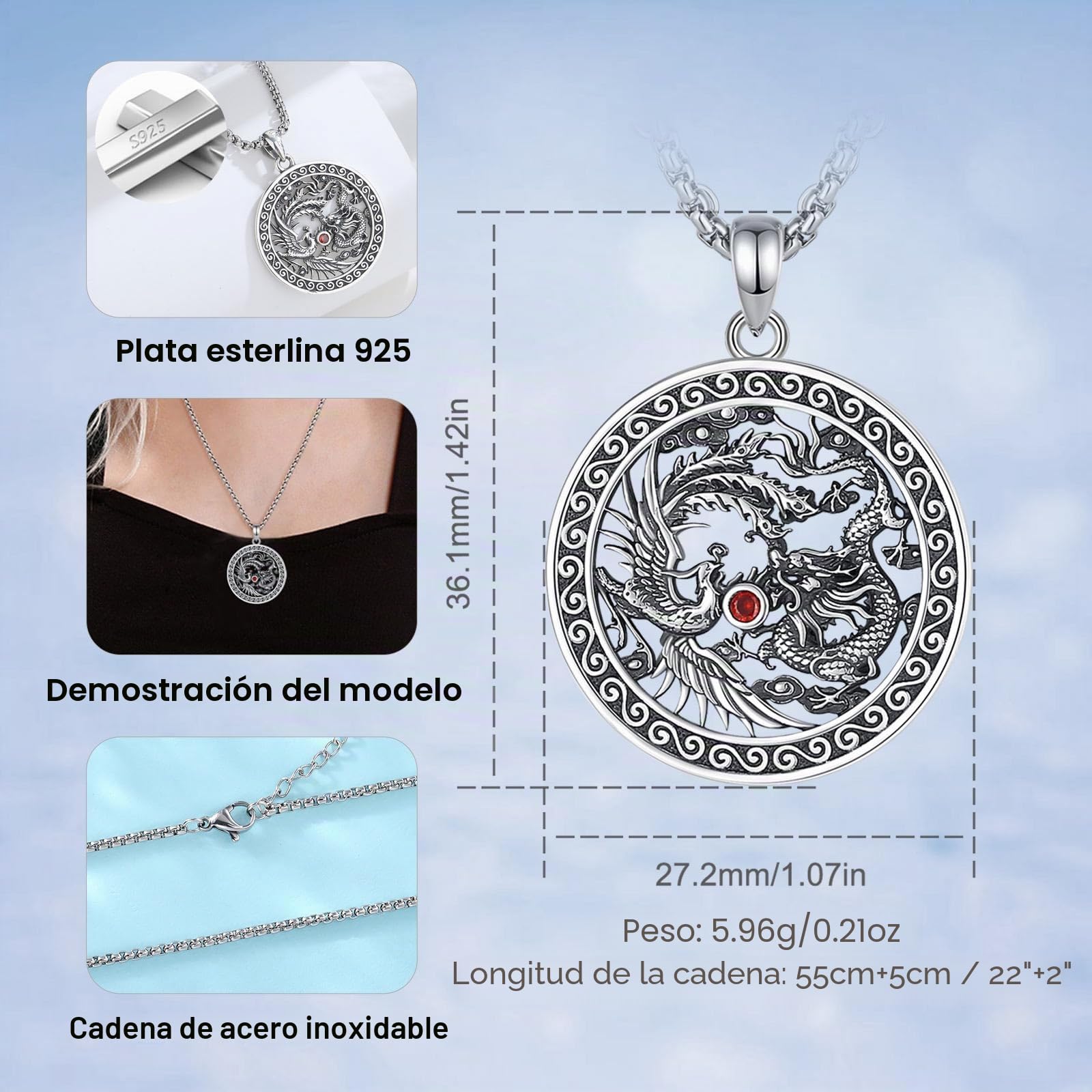 CELESTIA Colgante Dargon y Fénix Mujer Hombre Collar Yin Yang Plata de Ley 925 Turquesa Joyería Regalos para Pareja Madre y Padre- Cadena Acero Inoxidable