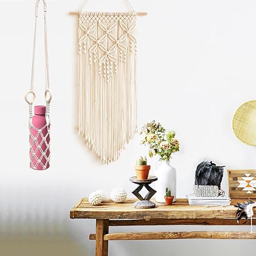 Miniatura 3 de KFZDCG 2 soportes tejidos de macramé para botellas, bolsa de botella de ganchillo blanco, portador de botellas de vino bohemio, portador de botellas