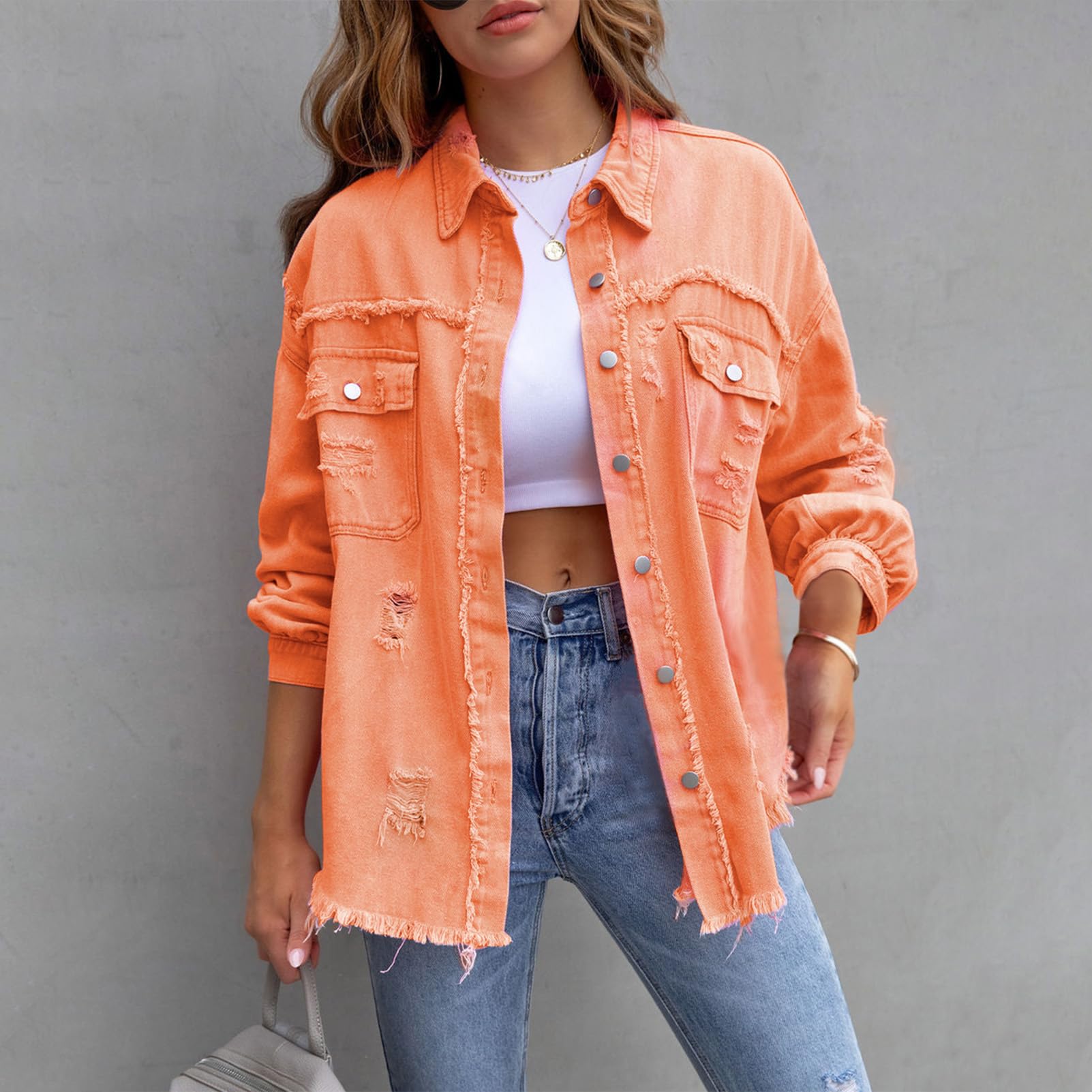amropi Veste en Jean pour Femmes Chemisier en Denim Léger Blouson Ourlet Effiloché Jacket