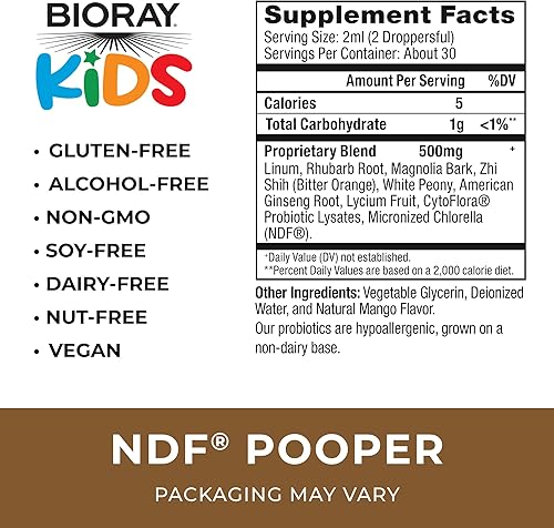 Miniatura 2 de BIORAY Kids NDF Pooper, Mango - 2 fl oz (59 ml) - Mover de Intestino - Sin OMG, Vegano, Sin Gluten - 30 Porciones