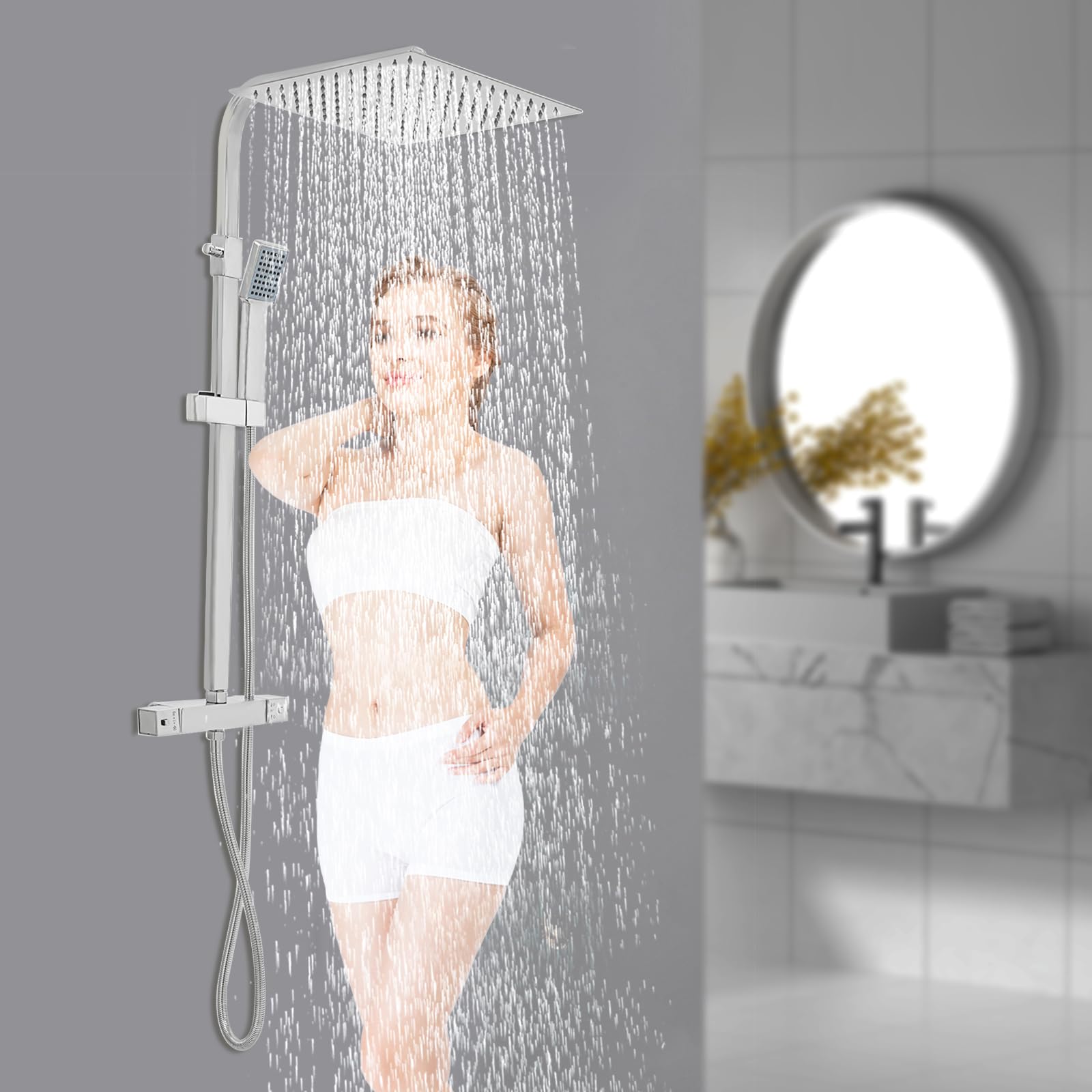 Sistema de ducha termostático con ducha de lluvia de 30 cm, juego de cabezal de ducha con alcachofa de mano, ducha con manguera, altura regulable, cabezal de ducha de acero inoxidable con soporte