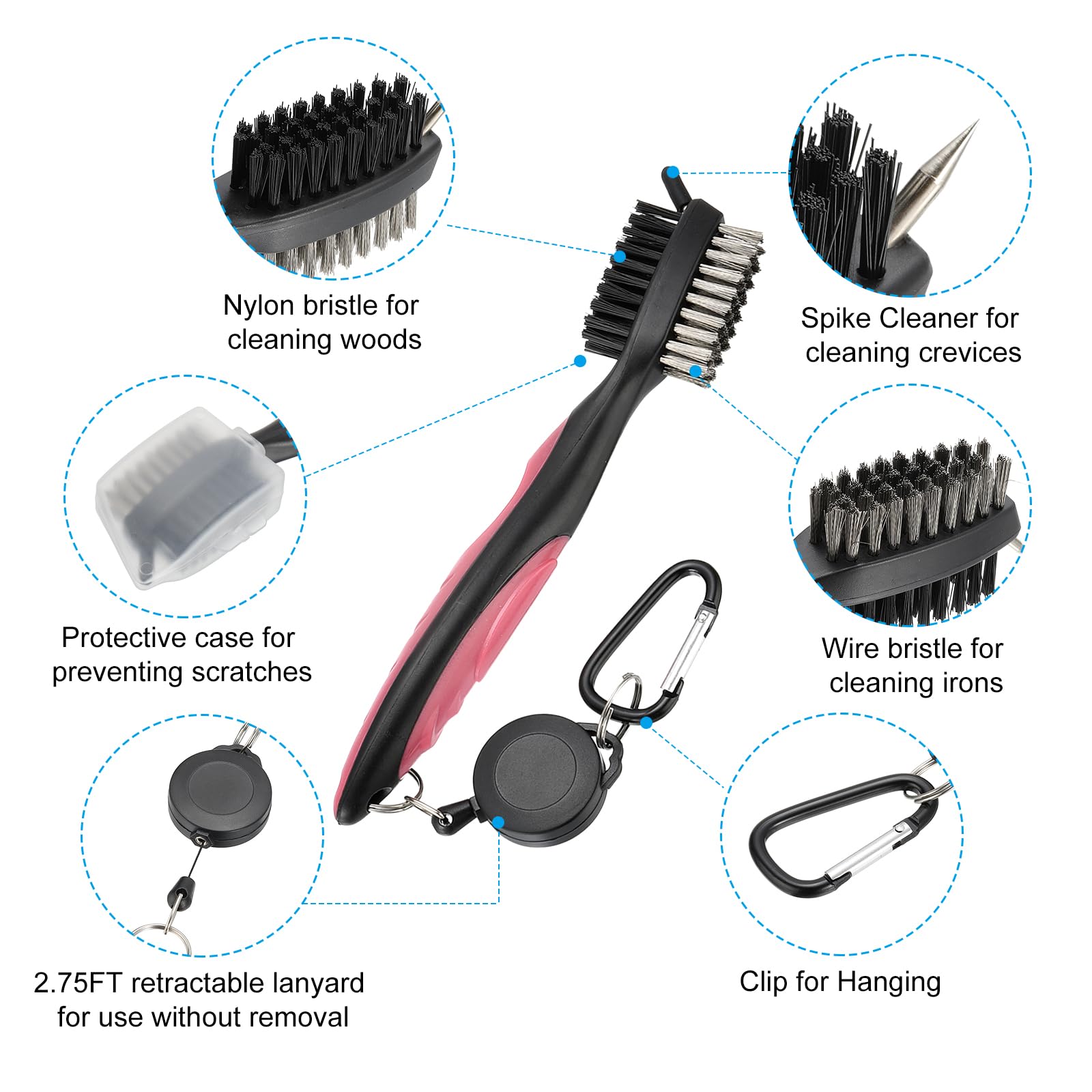 PATIKIL Golf Club Brush with 2.75 Ft Retractable Zip-line, Golf Club Groove Cleaner with Cleaning Tip Nylon and Wire Bristles, Pink - Image 3