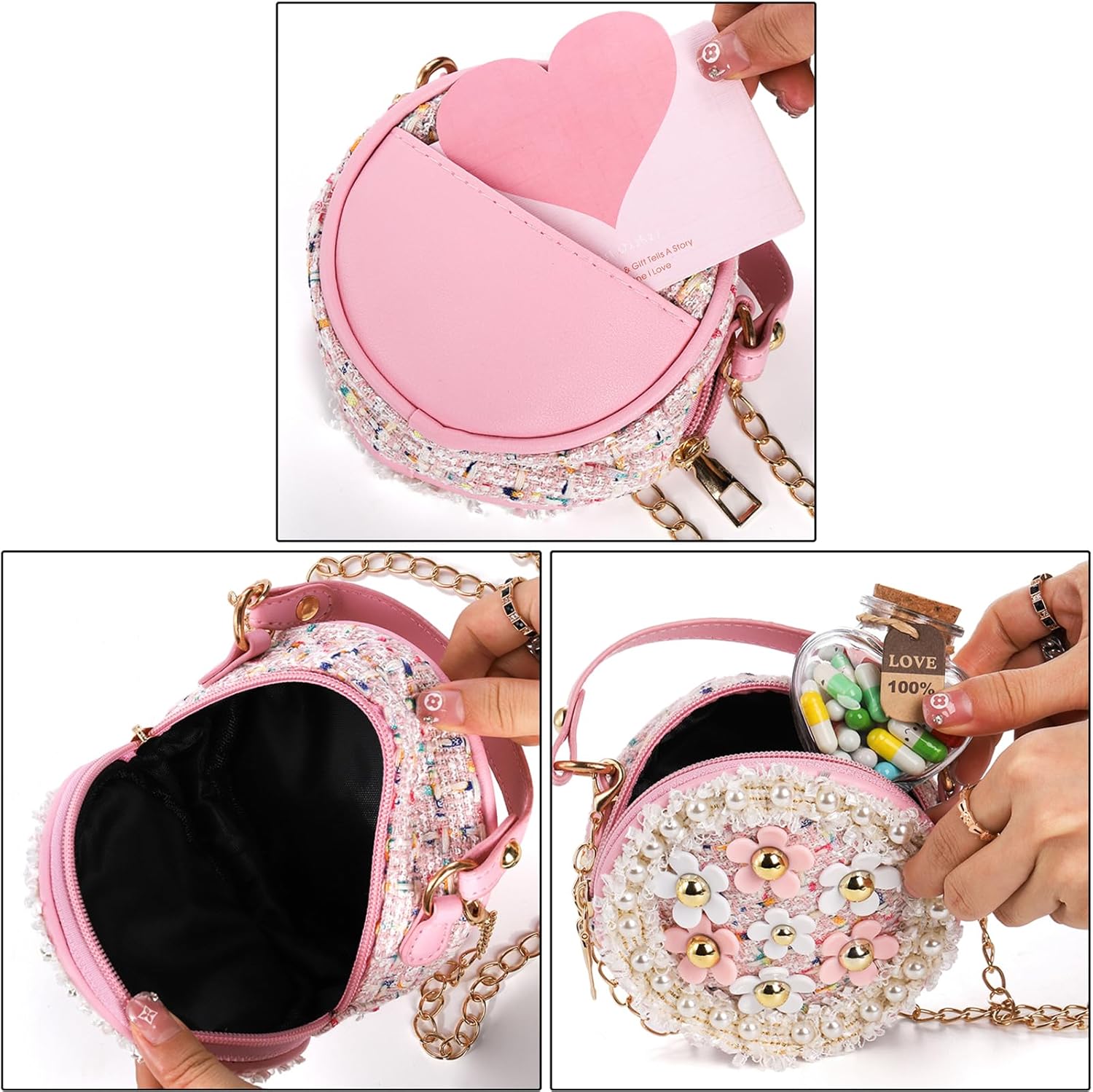 DEAYOU 2 Pack Little Girls Purse, Kids Purse Mini Crossbody Bag, Cute Princess Shoulder Handbag Girls Wallets with Chain for Teenagers, Gifts, Birthday, Party, Round, Pearl Flowers Style, Pink, Blue - Image 5