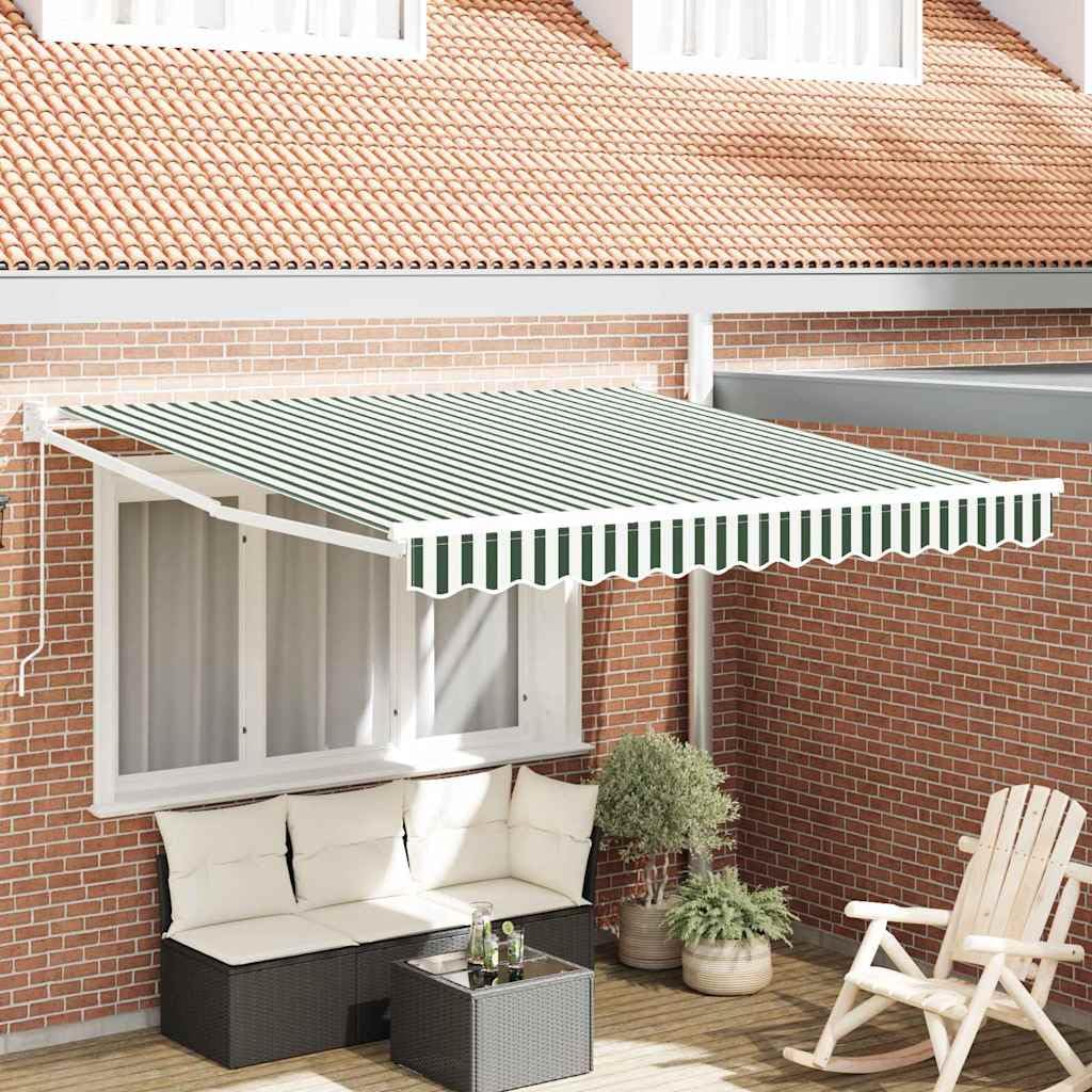 Tenda da sole retrattile 350 x 250 cm, tenda da sole a braccio articolato per terrazza e giardino, parasole manuale in poliestere e alluminio, design a righe verdi e bianche