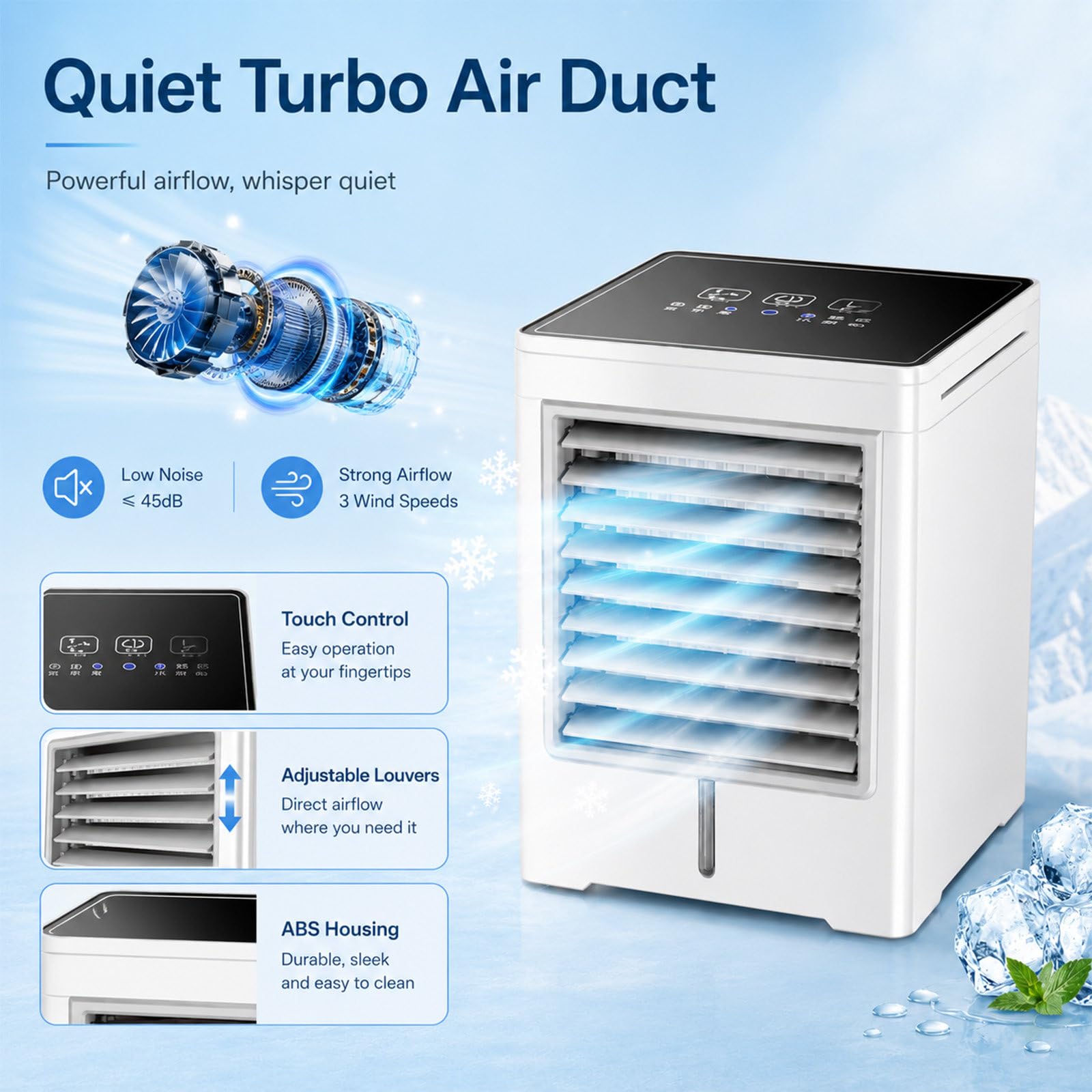Condizionatore Portatile, Raffrescatore Evaporativo Alimentato Tramite USB, Ventilatore con 3 Timer, Serbatoio 470ml, 3 velocità, Super Silenzioso per Casa e Ufficio