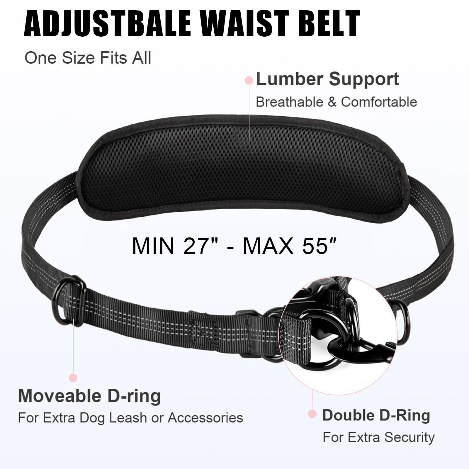 Risipu Guinzaglio per 2 cani a mani libere, cintura regolabile in vita con custodia e supporto per la vita, cuciture elastiche riflettenti per corsa, passeggiate, jogging (rosa)